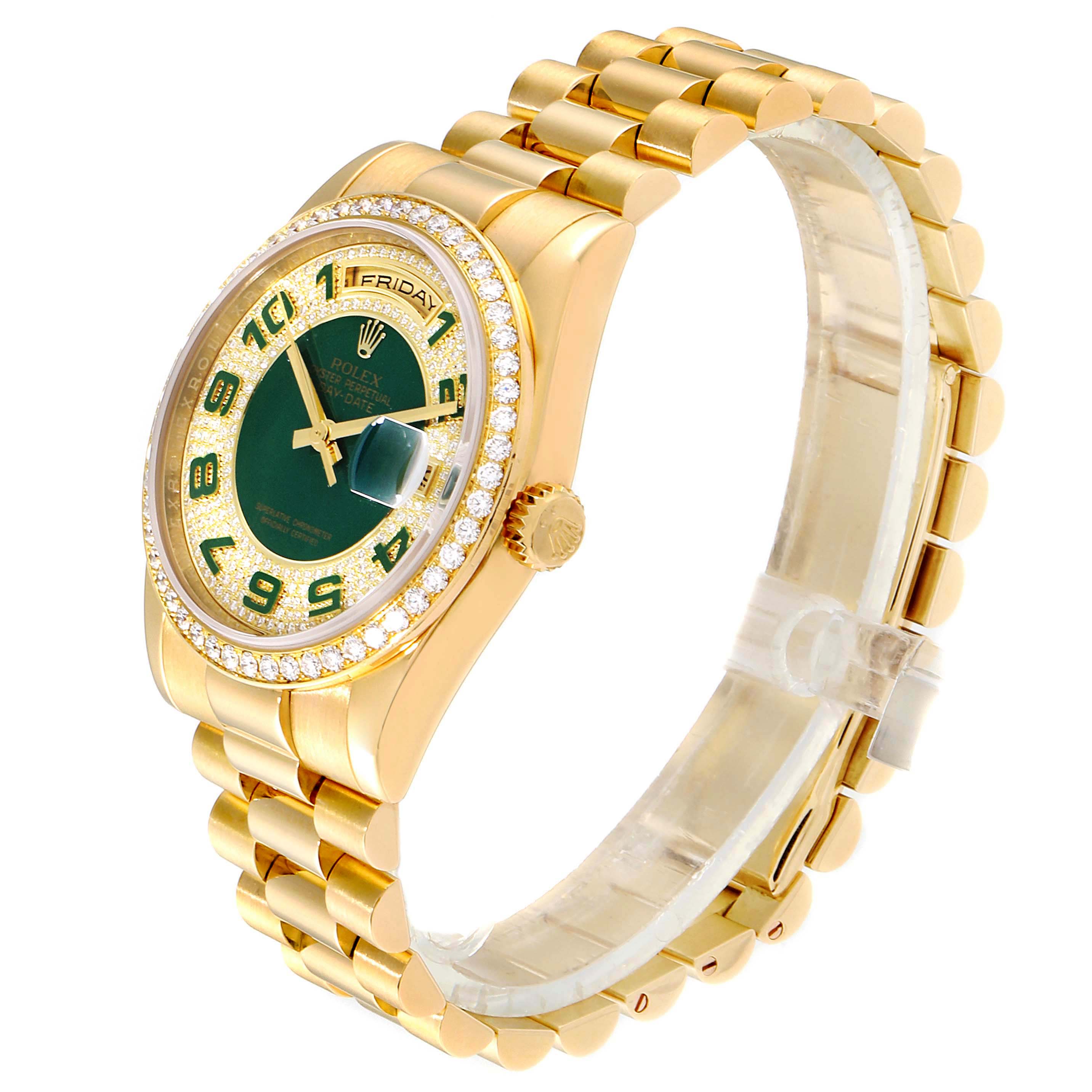 The image shows a side angle of a Rolex President 118348 Men's Yellow Gold Green Dial 118348 Men's Yellow Gold Green Dial watch, highlighting its green dial, gold case, diamond bezel, and bracelet.