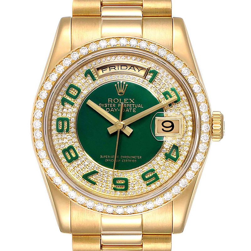 Rolex President Day Date Yellow Gold Green Enamel Diamond Mens Watch 118348 SwissWatchExpo