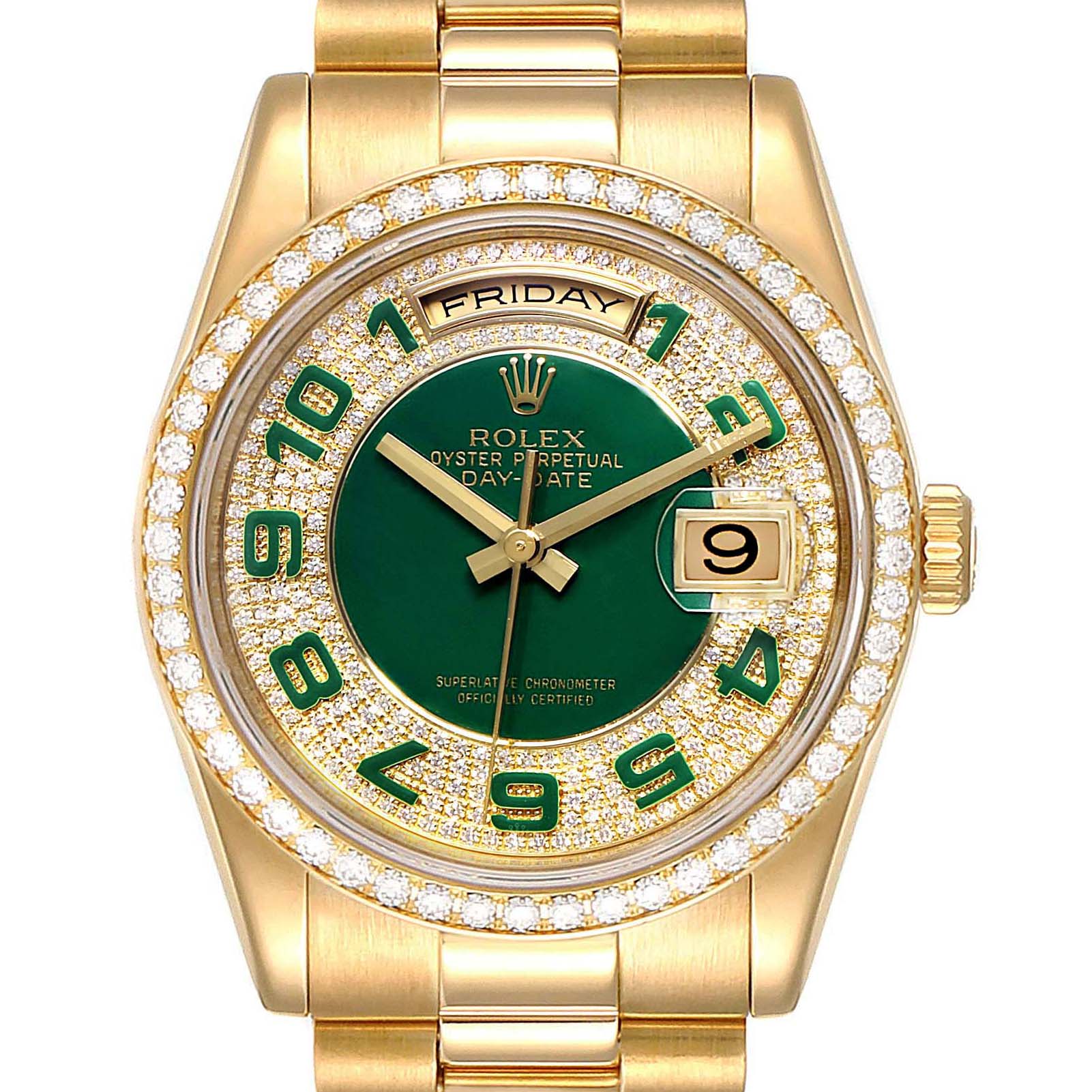 Rolex Date Gold Green Enamel Diamond Mens Watch 118348 | SwissWatchExpo