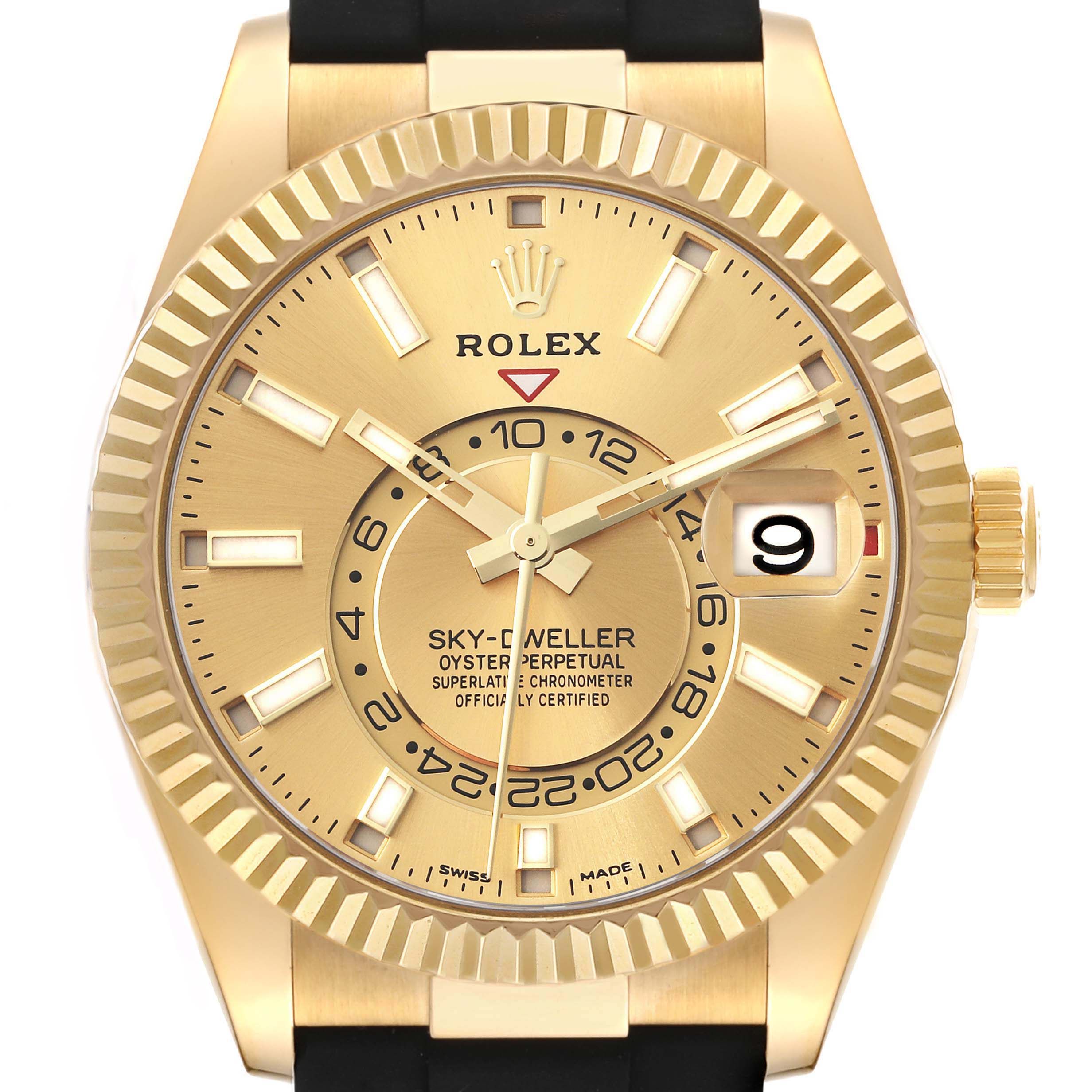 The image shows a close-up, straight-on view of a Rolex Sky-Dweller 326238 Men's Yellow Gold Champagne Dial 326238 Men's Yellow Gold Champagne Dial watch, highlighting the dial, hands, bezel, and date window.