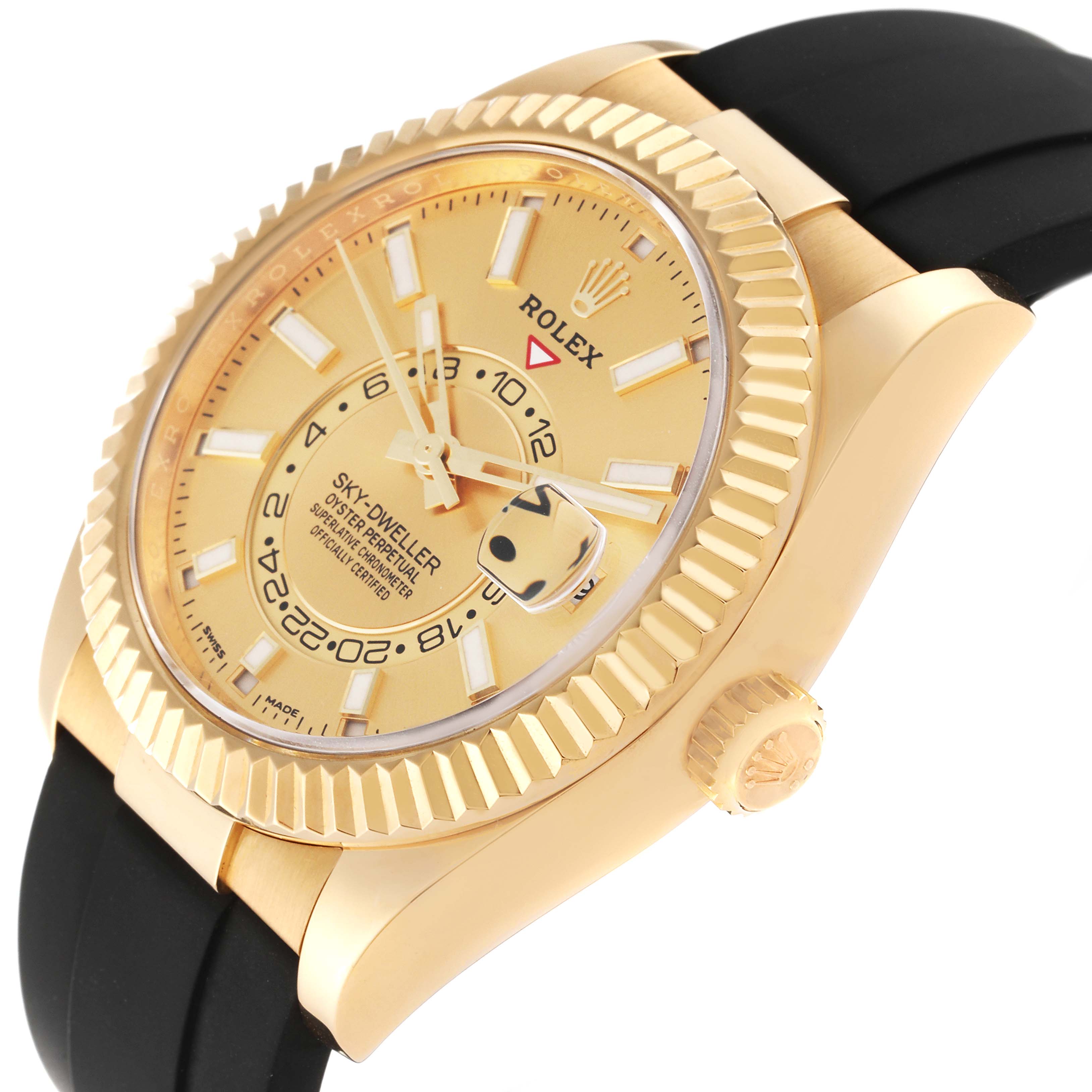 The image shows a side-angle view of the Rolex Sky-Dweller 326238 Men's Yellow Gold Champagne Dial 326238 Men's Yellow Gold Champagne Dial watch, highlighting the face, crown, and part of the strap.