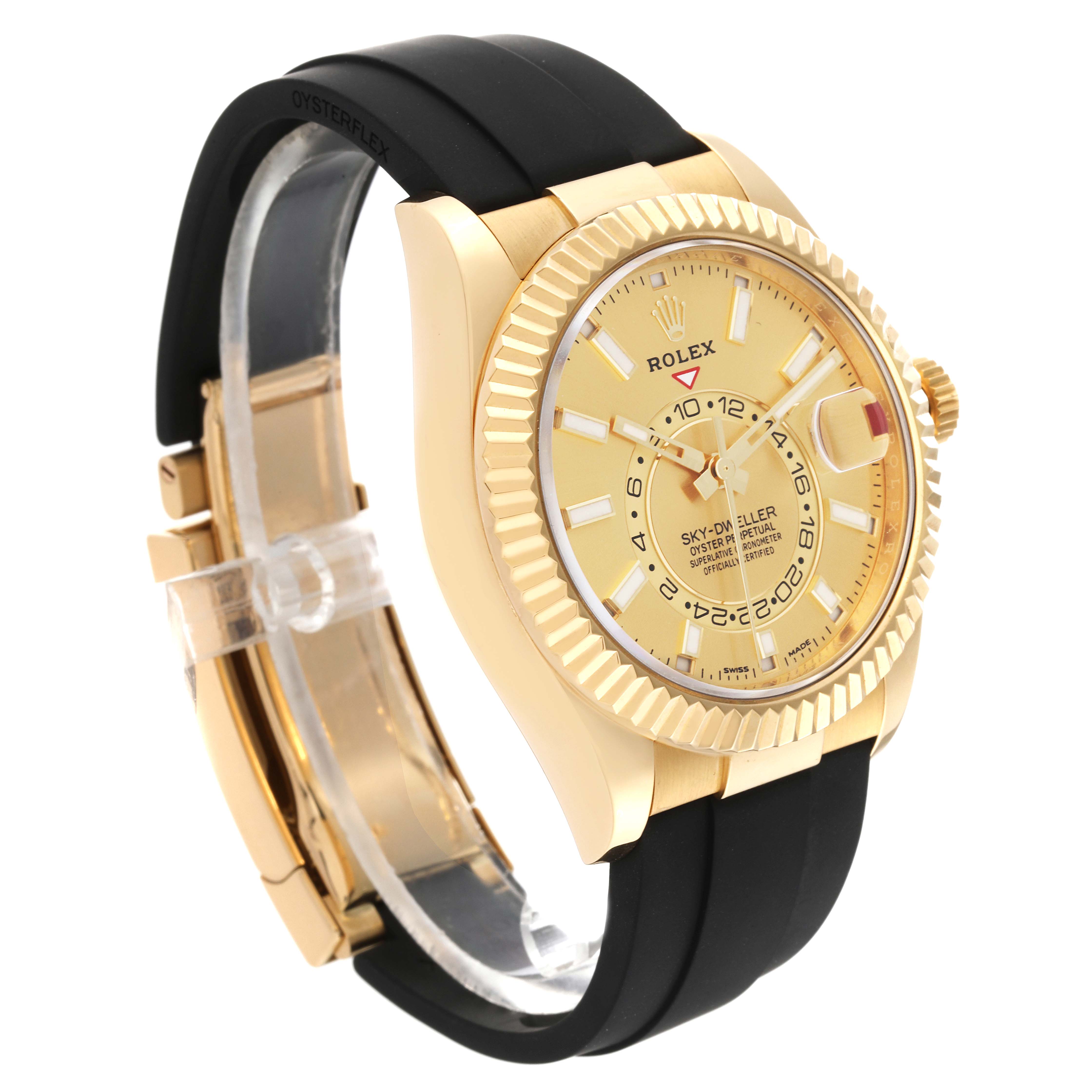The image shows a side angle of a Rolex Sky-Dweller 326238 Men's Yellow Gold Champagne Dial 326238 Men's Yellow Gold Champagne Dial watch, highlighting its gold case, dial, and black Oysterflex strap.