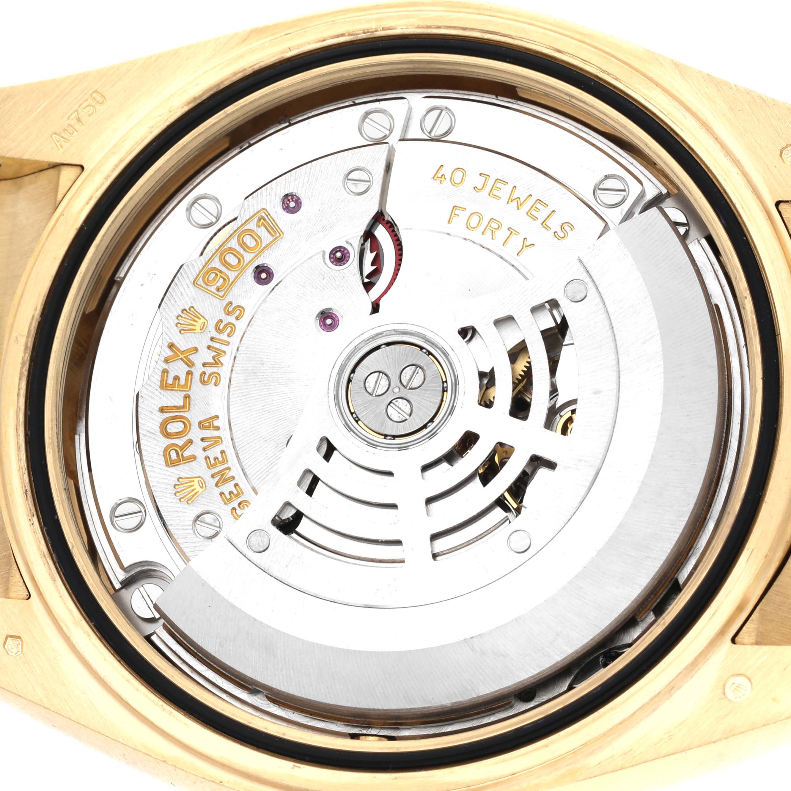 This image shows the back view of the Rolex Sky-Dweller 326238 Men's Yellow Gold Champagne Dial 326238 Men's Yellow Gold Champagne Dial watch, revealing its movement and inner mechanism.