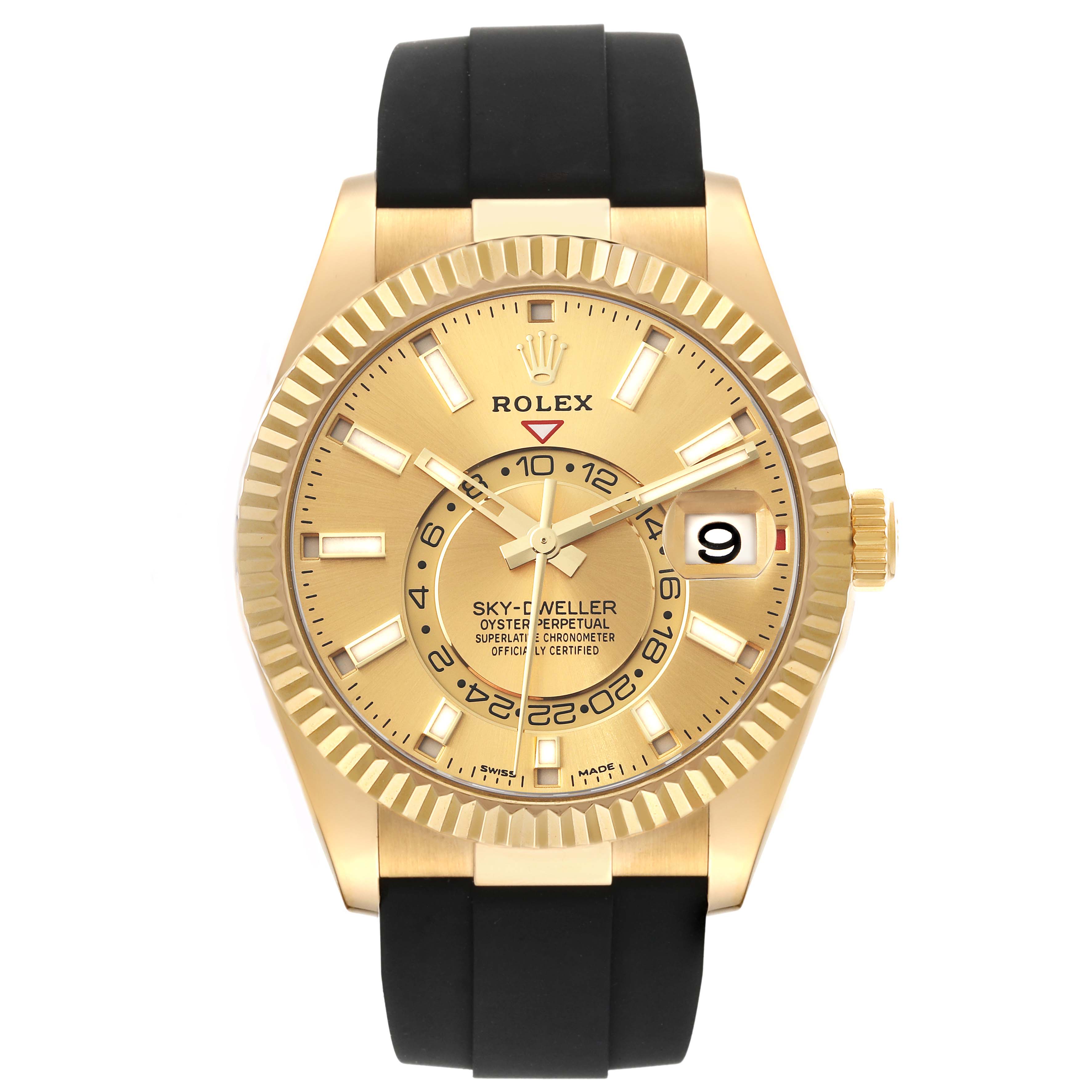 This is a front view of a Rolex Sky-Dweller 326238 Men's Yellow Gold Champagne Dial 326238 Men's Yellow Gold Champagne Dial watch showing the dial, bezel, and black strap.