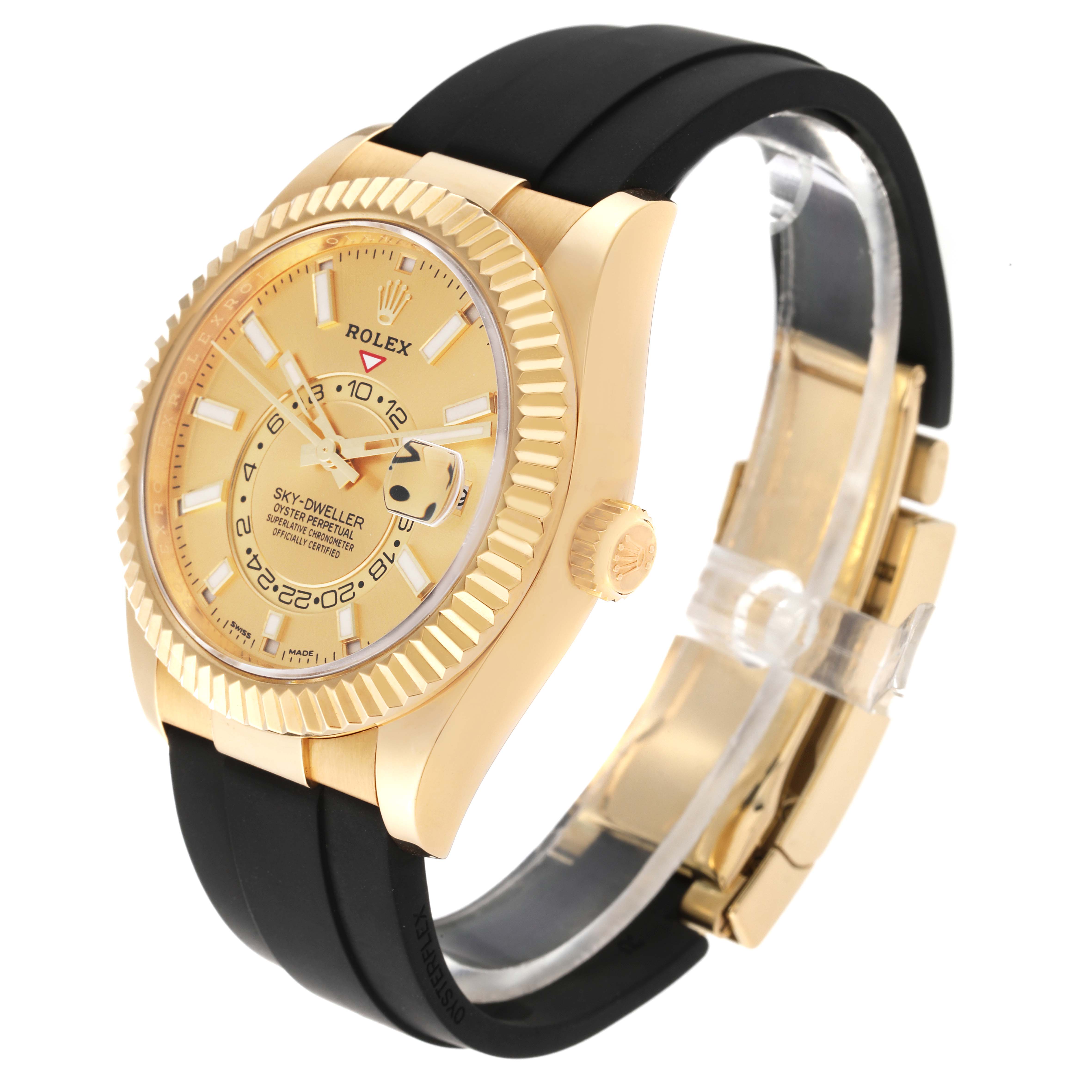 The image shows a Rolex Sky-Dweller 326238 Men's Yellow Gold Champagne Dial 326238 Men's Yellow Gold Champagne Dial watch at a slight side angle, featuring the watch face, bezel, crown, and black strap.