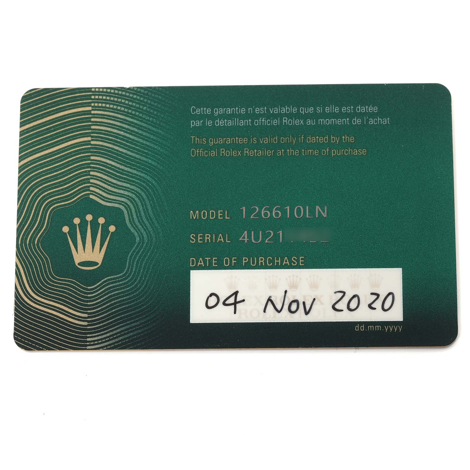 The image shows a warranty card for a Rolex Submariner 126610LN Men
s Stainless Steel Black Dial 126610LN Men
s Stainless Steel Black Dial model 126610LN, displaying the model, serial number, and date of purchase.