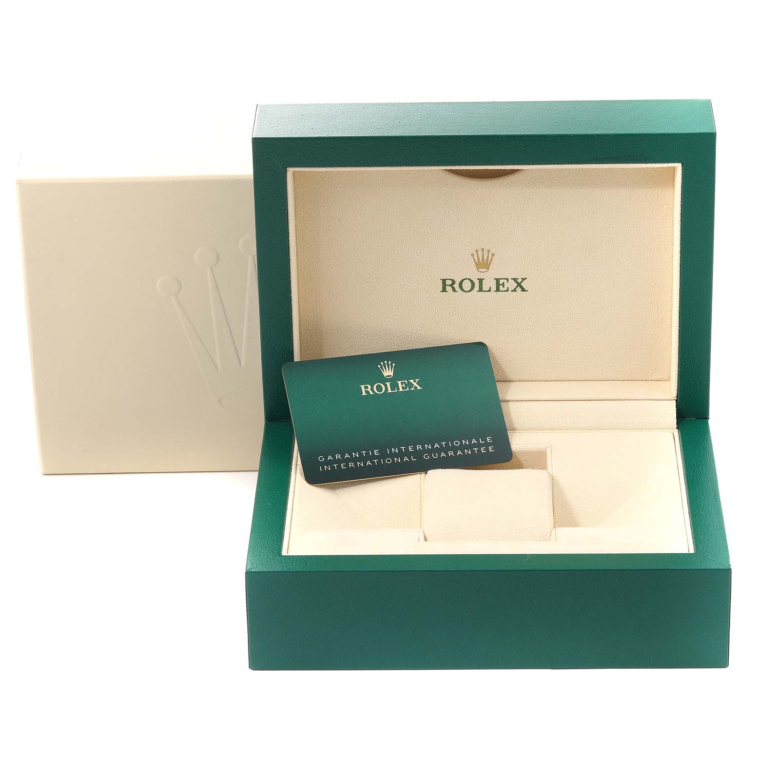 The image shows a green Rolex Submariner 126610LN Men
s Stainless Steel Black Dial 126610LN Men
s Stainless Steel Black Dial watch box, displaying a warranty card and the interior watch holder.