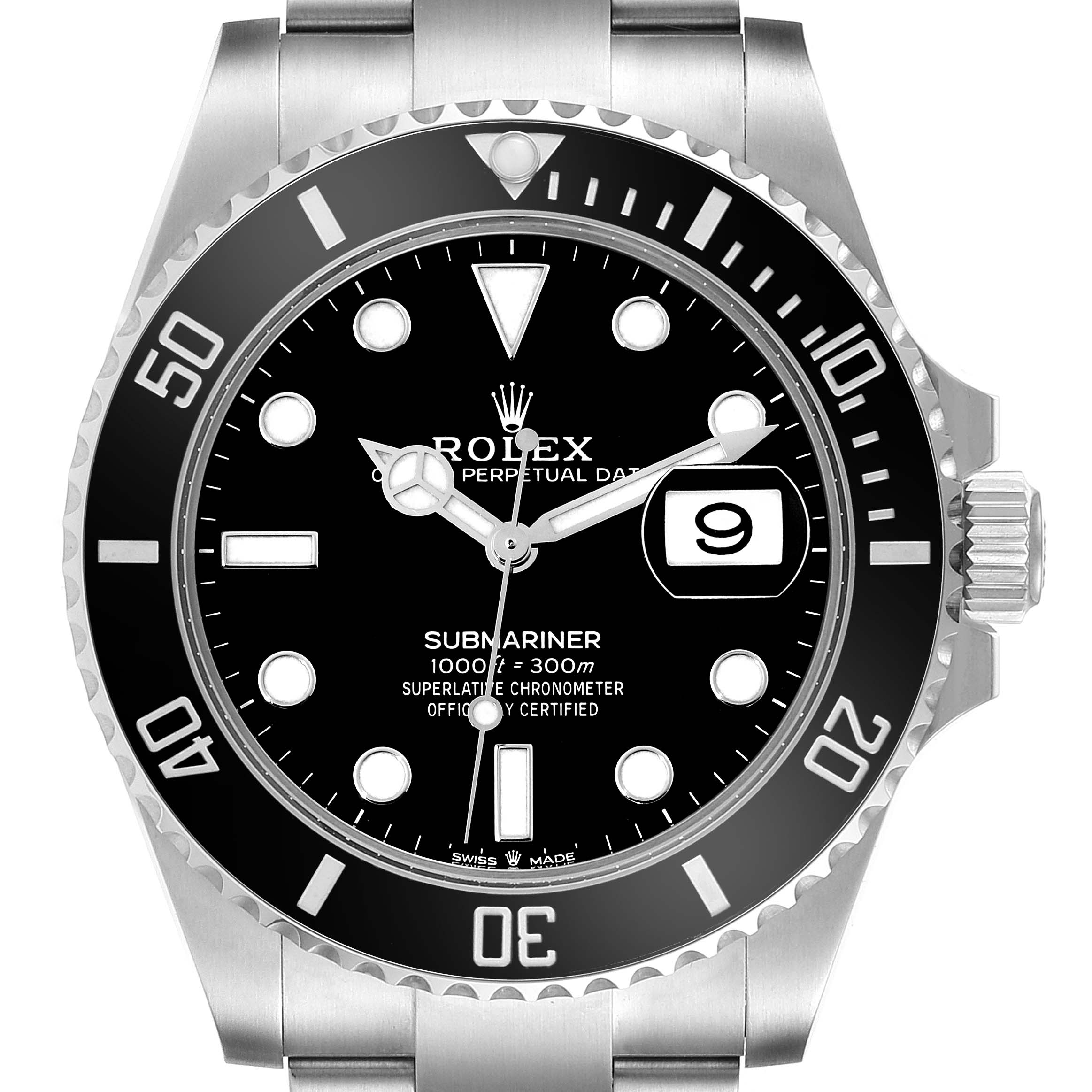 The image shows a front view of a Rolex Submariner 126610LN Men
s Stainless Steel Black Dial 126610LN Men
s Stainless Steel Black Dial watch, highlighting the dial, bezel, hands, and the bracelet.