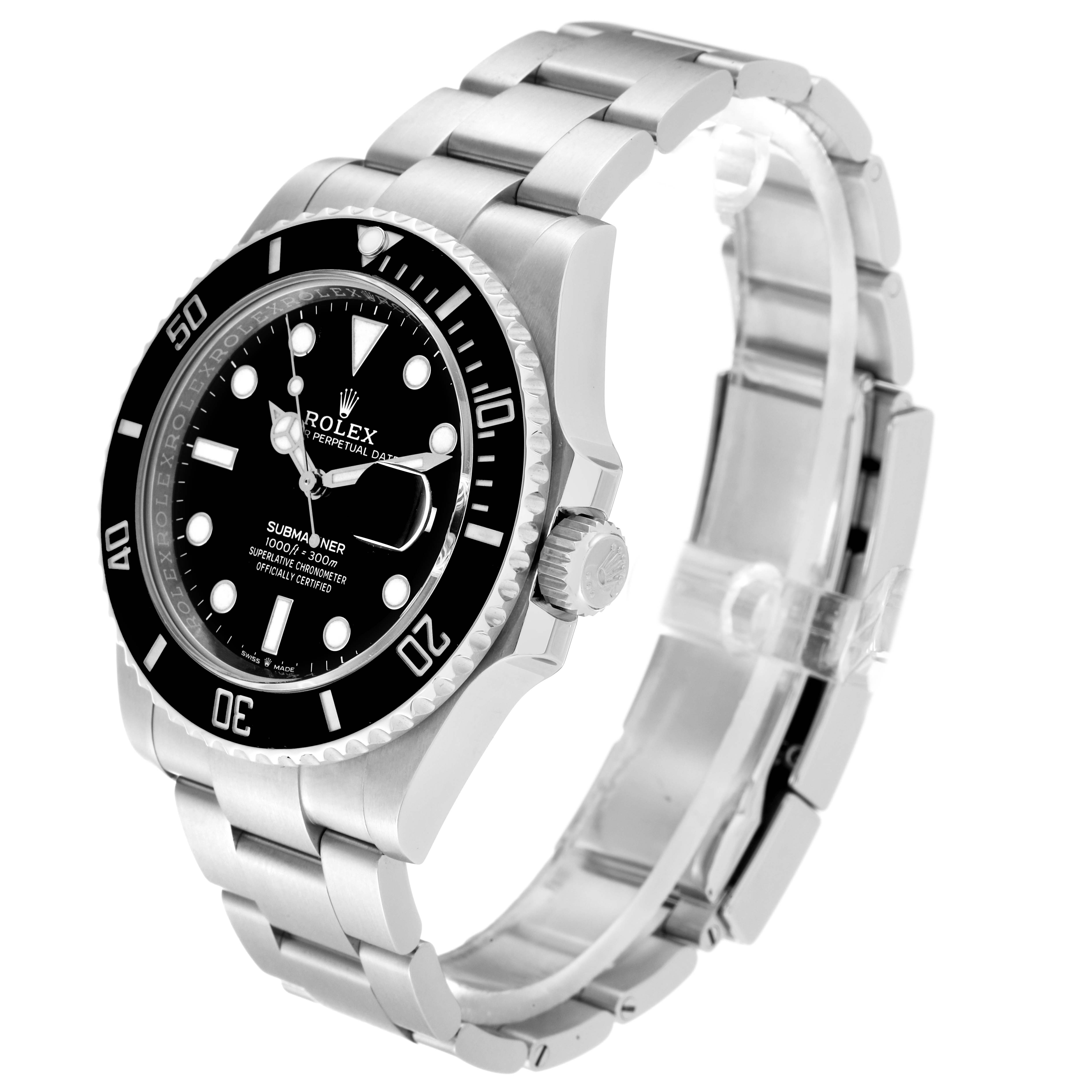 The image shows a Rolex Submariner 126610LN Men
s Stainless Steel Black Dial 126610LN Men
s Stainless Steel Black Dial watch at an angle highlighting the face, bezel, crown, and stainless steel bracelet.
