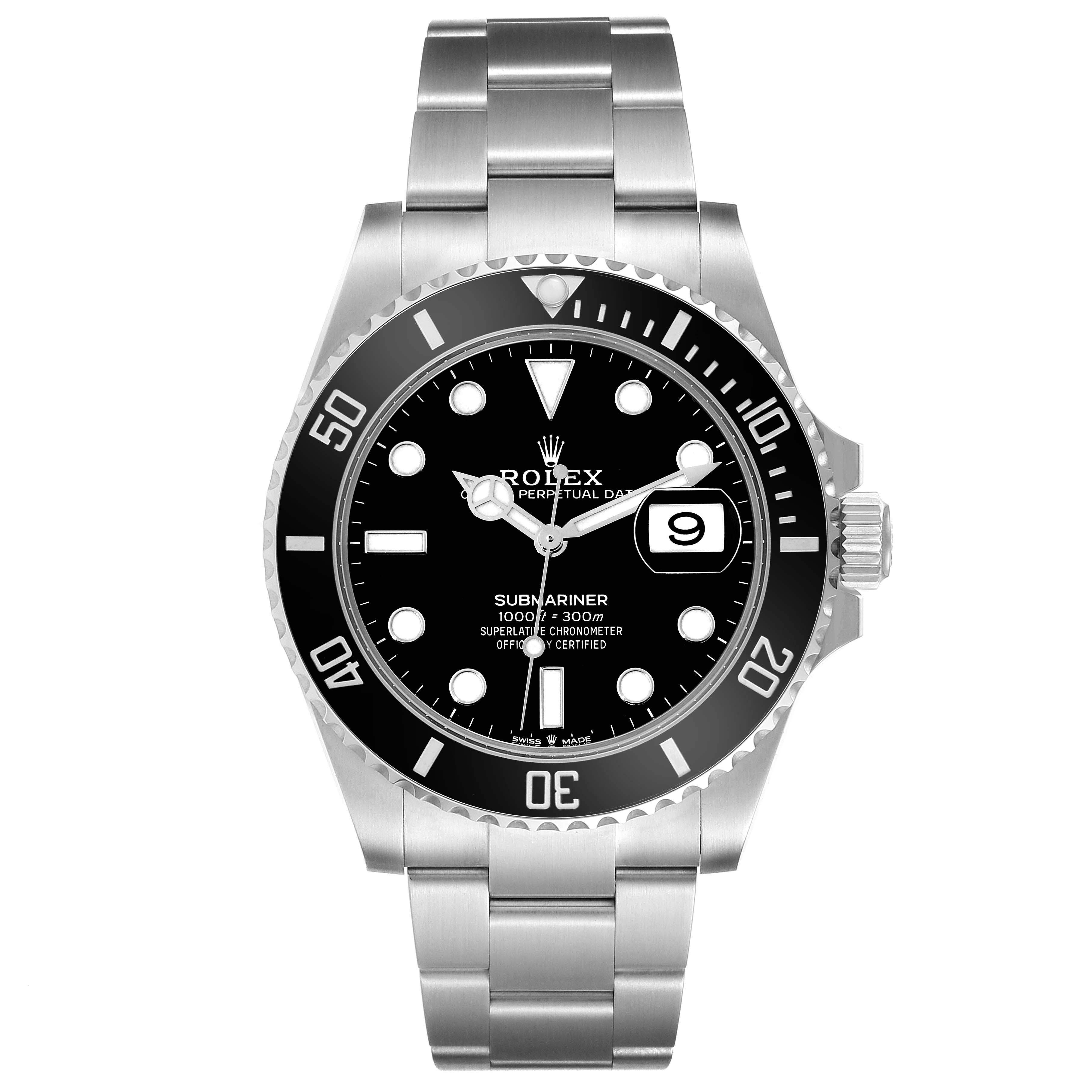 This is a front view of a Rolex Submariner 126610LN Men
s Stainless Steel Black Dial 126610LN Men
s Stainless Steel Black Dial watch, showing its dial, bezel, and stainless steel bracelet.