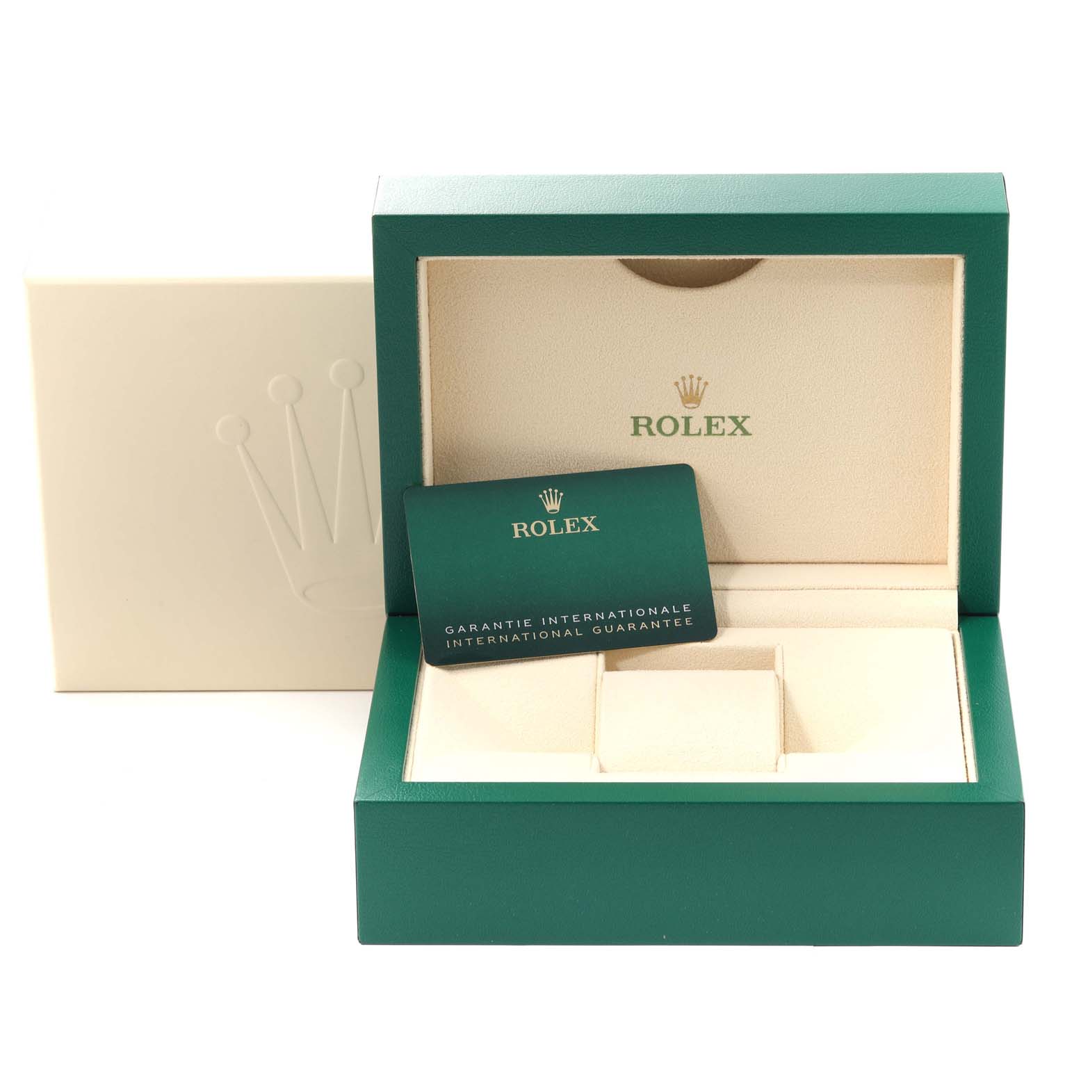 The image shows a Rolex Submariner 126610LN Men's Stainless Steel Black Dial 126610LN Men's Stainless Steel Black Dial watch box and an international guarantee card from a front angle.