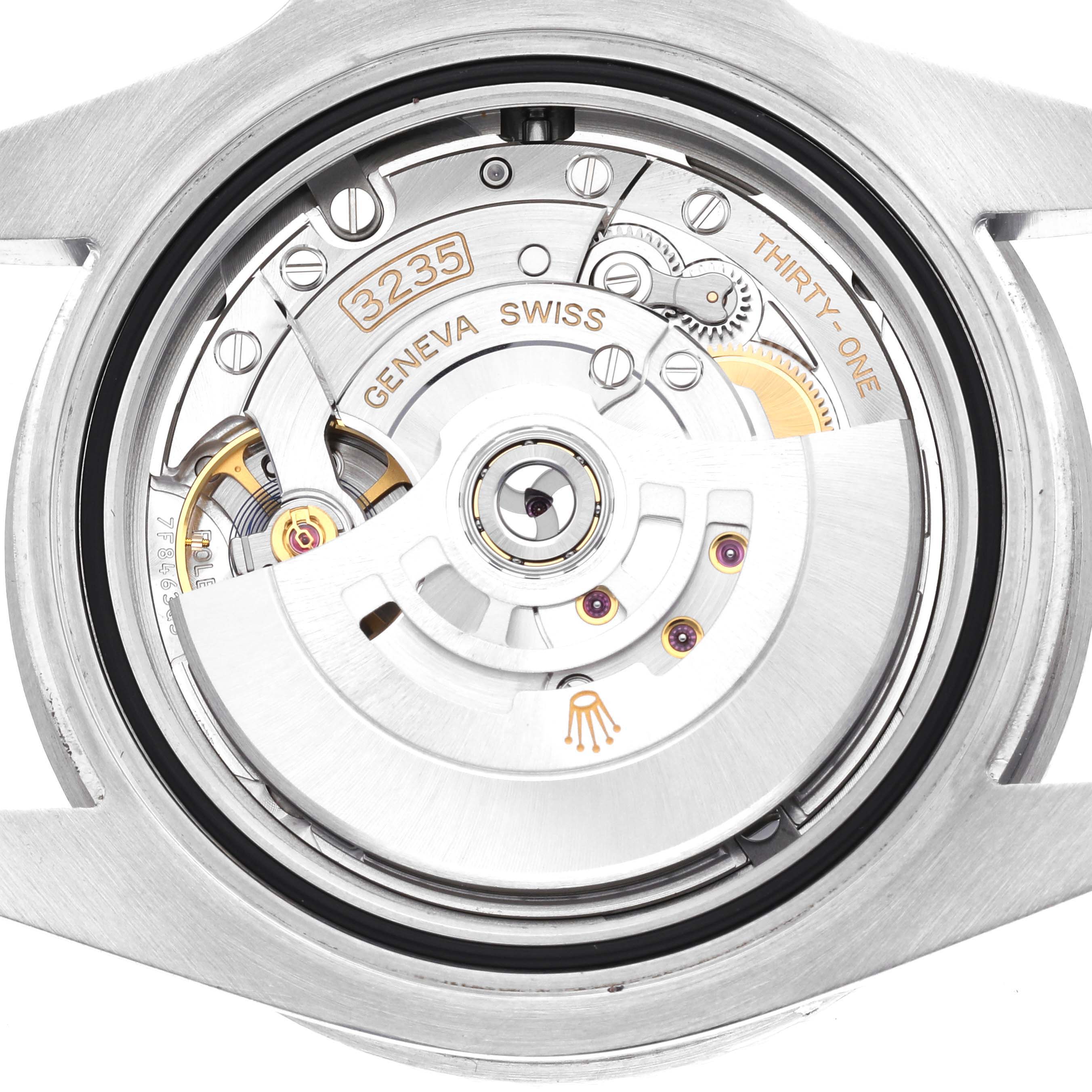 This image shows the movement and internal mechanism of the Rolex Submariner 126610LN Men's Stainless Steel Black Dial 126610LN Men's Stainless Steel Black Dial watch, viewed from the back case.
