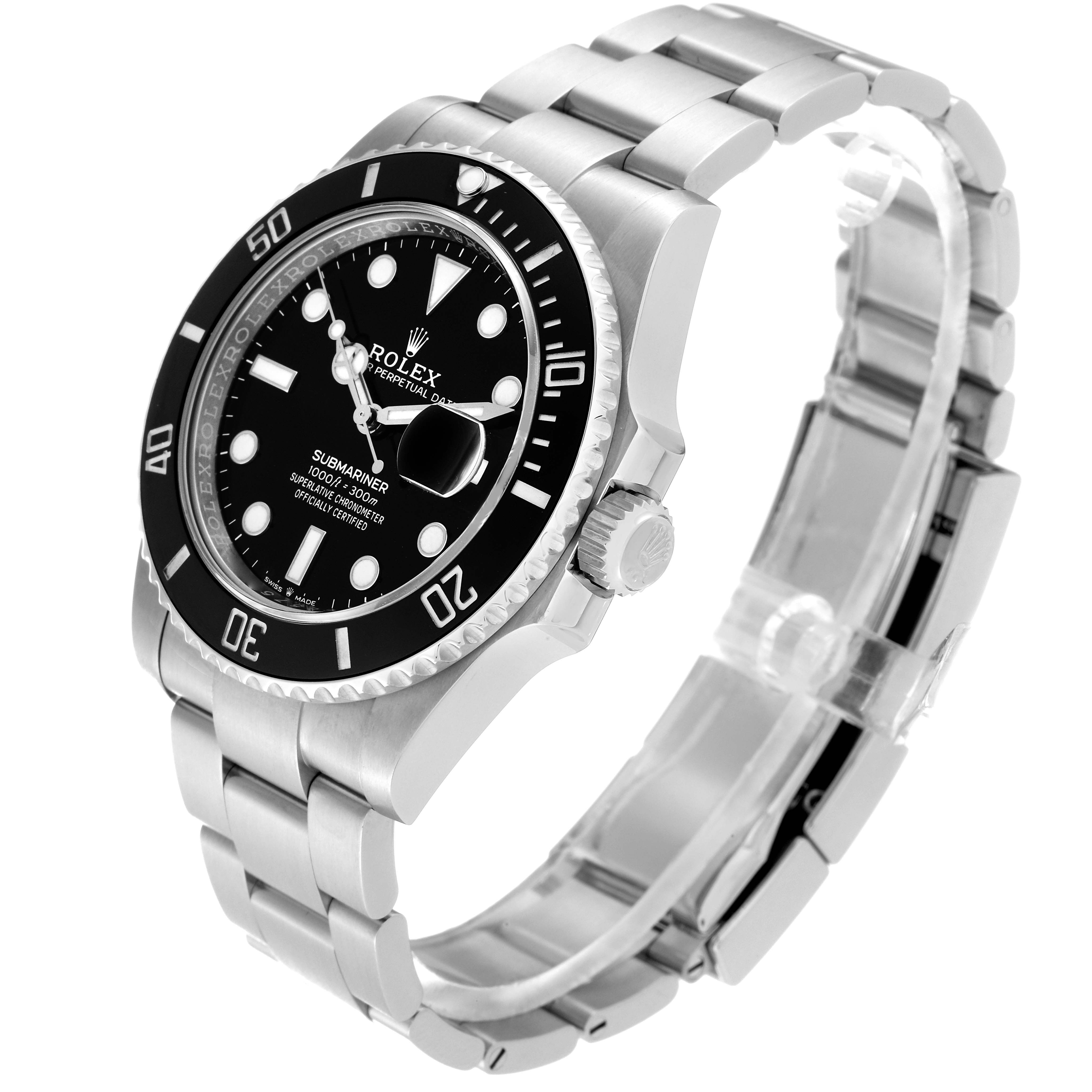 This image shows a Rolex Submariner 126610LN Men's Stainless Steel Black Dial 126610LN Men's Stainless Steel Black Dial watch at a tilted angle, highlighting its face, bezel, and stainless steel bracelet.