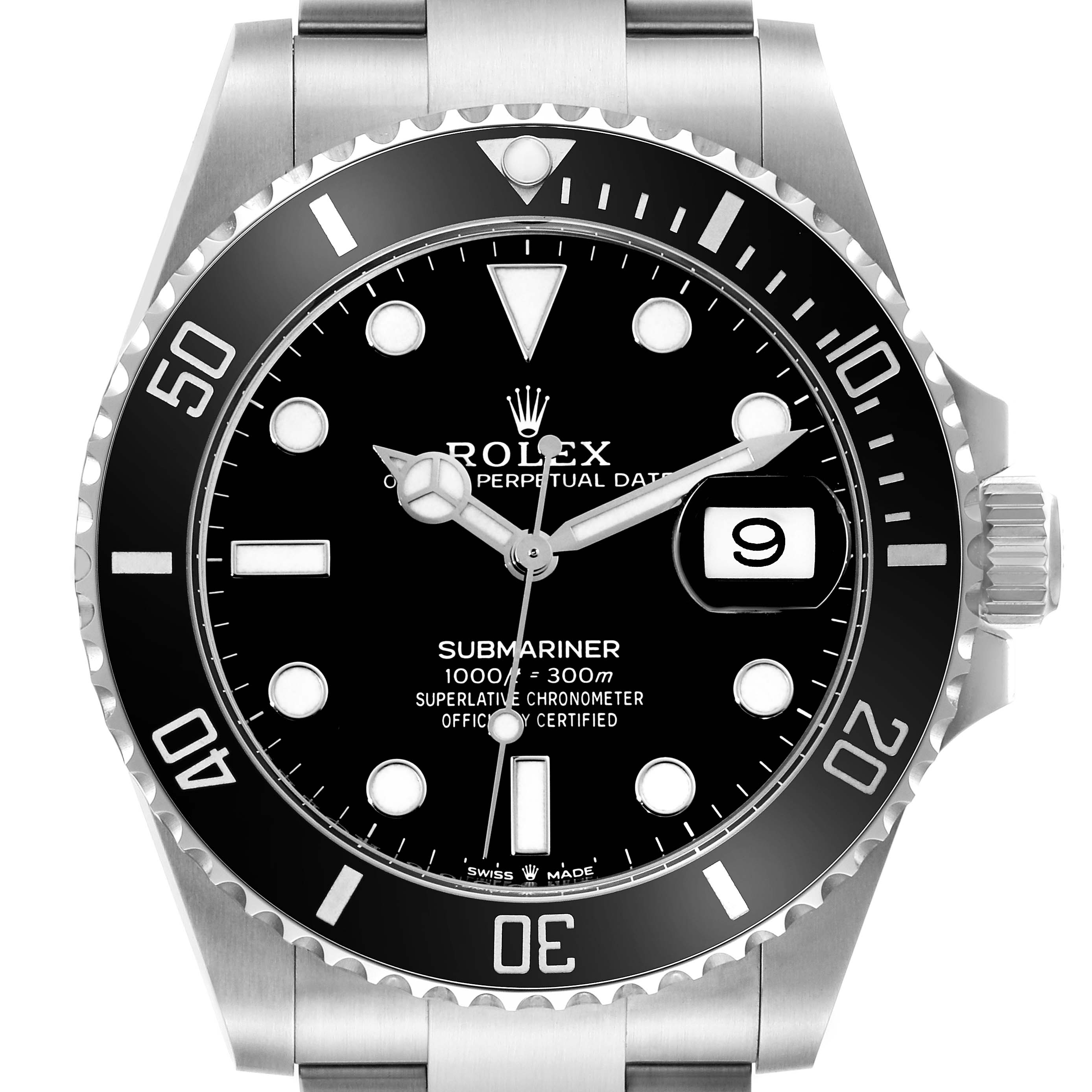 The image shows a front view of a Rolex Submariner 126610LN Men's Stainless Steel Black Dial 126610LN Men's Stainless Steel Black Dial watch, highlighting its black dial, bezel, and stainless steel bracelet.