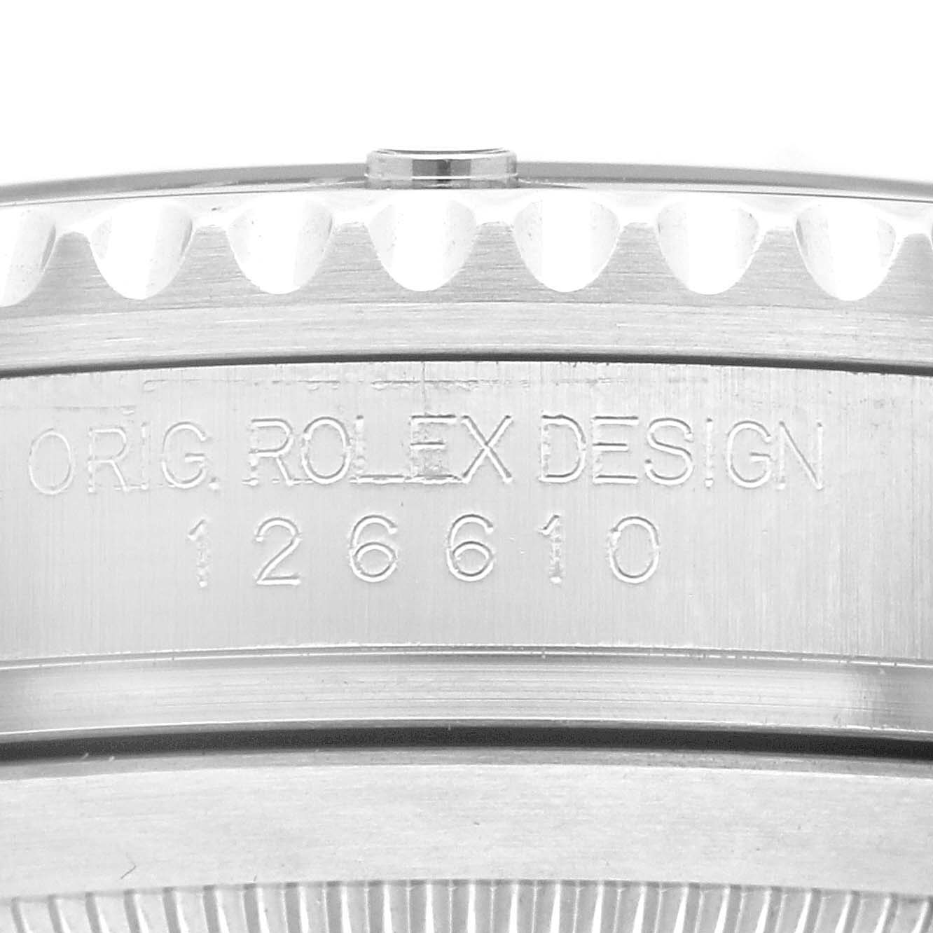 The image shows a close-up of the case side on the Rolex Submariner 126610LN Men's Stainless Steel Black Dial 126610LN Men's Stainless Steel Black Dial model 126610, featuring the engraved text "ORIG. ROLEX DESIGN."