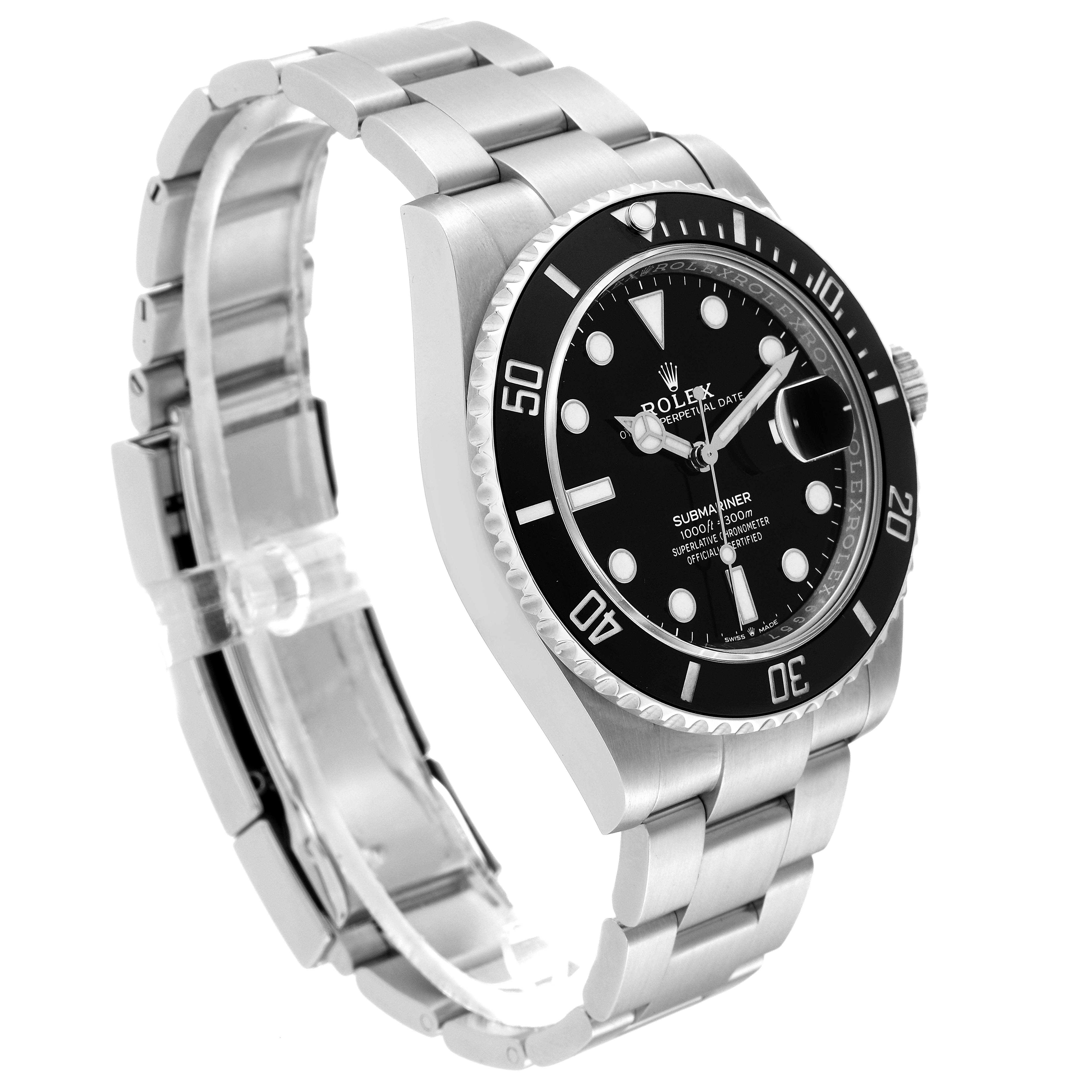 This image shows a side angle view of a Rolex Submariner 126610LN Men's Stainless Steel Black Dial 126610LN Men's Stainless Steel Black Dial watch, displaying the bracelet, case, bezel, and dial.