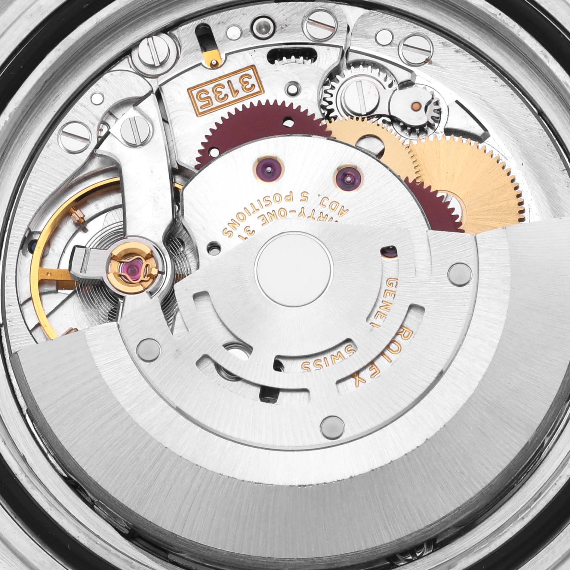 The image shows the intricate back view of a Rolex Submariner 16613 Men
s Steel and Gold (two tone) Blue Dial 16613 Men
s Steel and Gold (two tone) Blue Dial
s movement, highlighting gears and the rotor.