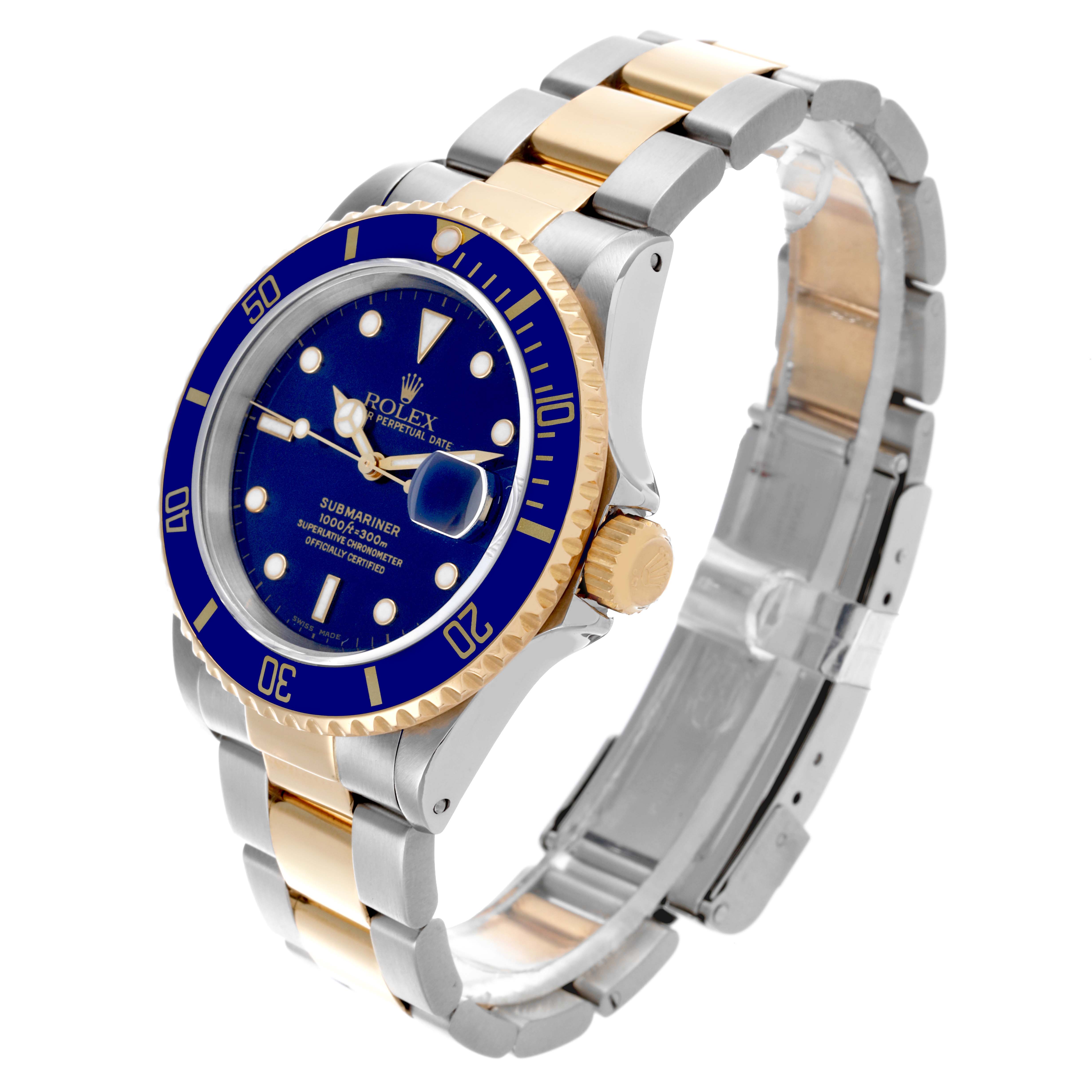 The Rolex Submariner 16613 Men
s Steel and Gold (two tone) Blue Dial 16613 Men
s Steel and Gold (two tone) Blue Dial is shown at an angled view, highlighting its blue dial, gold bezel, and two-tone bracelet.