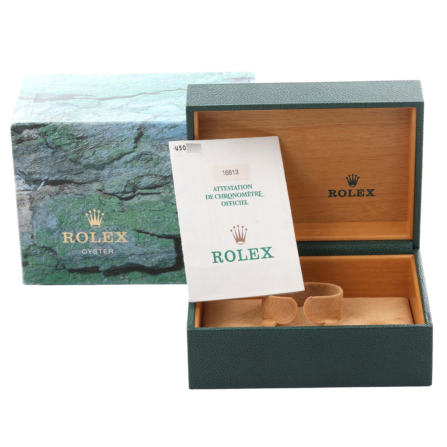 The image shows a Rolex Submariner 16613 Men
s Steel and Gold (two tone) Blue Dial 16613 Men
s Steel and Gold (two tone) Blue Dial watch box and certificate booklet from a front angle.