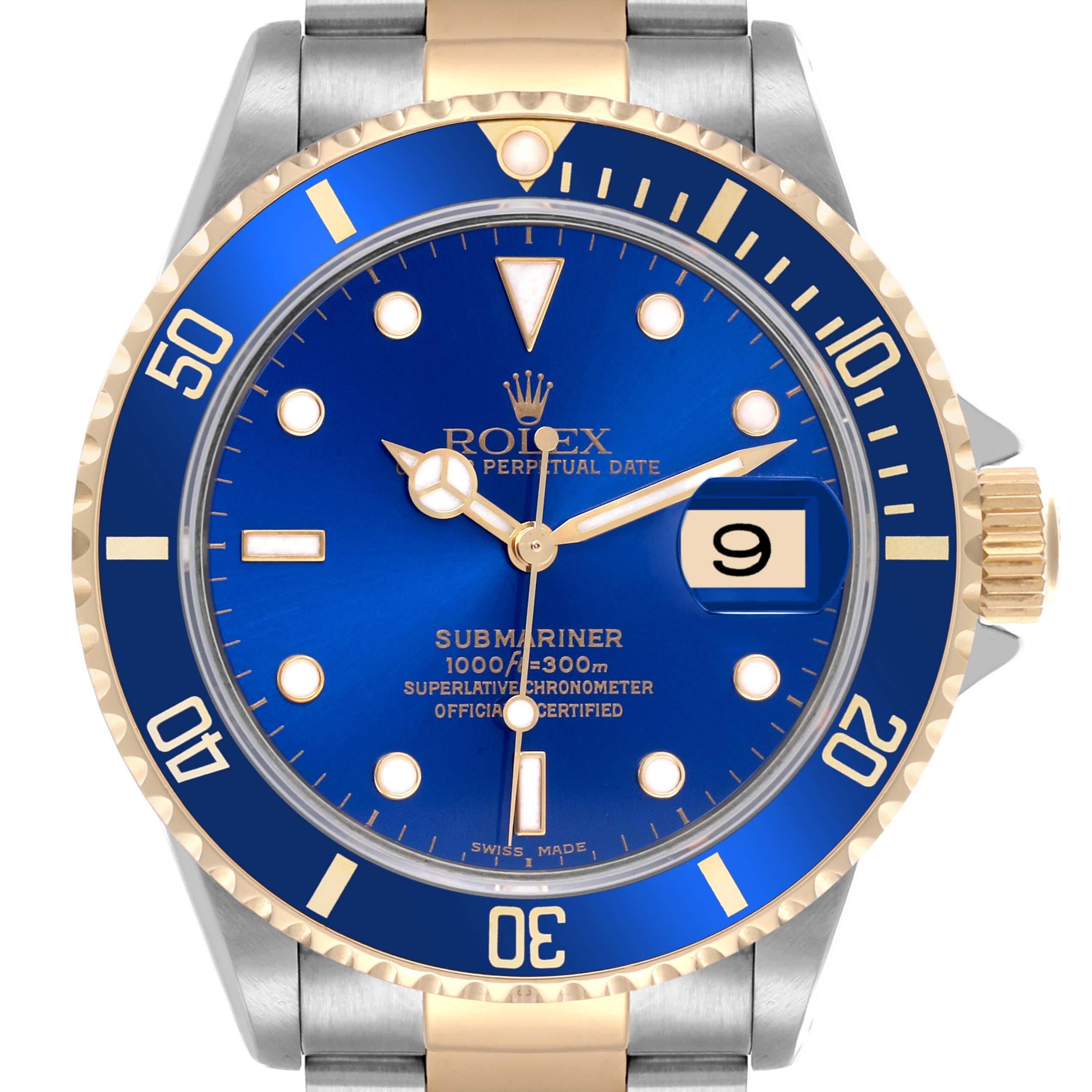 The Rolex Submariner 16613 Men
s Steel and Gold (two tone) Blue Dial 16613 Men
s Steel and Gold (two tone) Blue Dial watch is shown from a front angle, featuring its blue dial, bezel, and the stainless steel and gold bracelet.