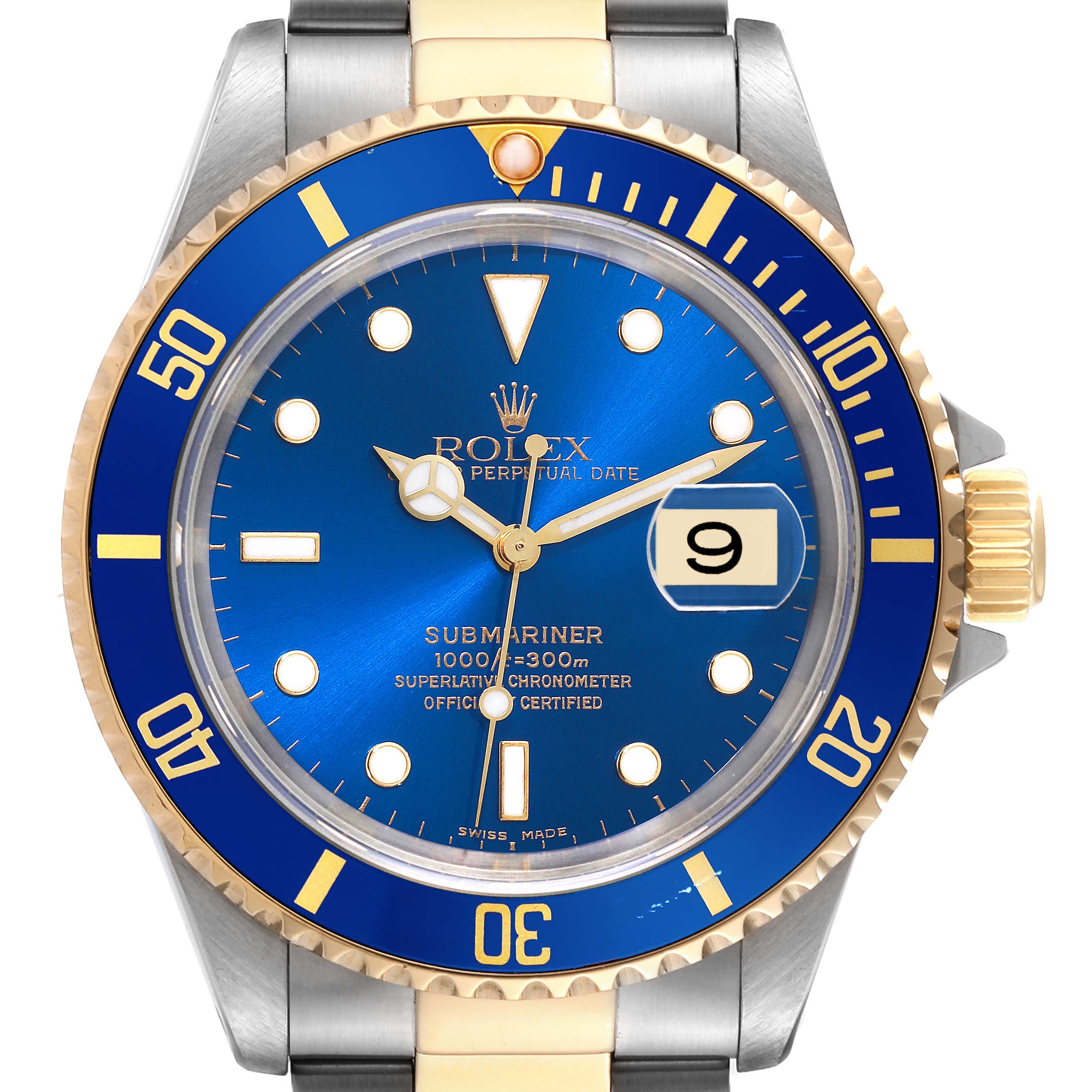 The image shows a front view of a Rolex Submariner 16613 Men's Steel and Gold (two tone) Blue Dial 16613 Men's Steel and Gold (two tone) Blue Dial watch, highlighting its blue dial, date window, and two-tone metal bracelet.