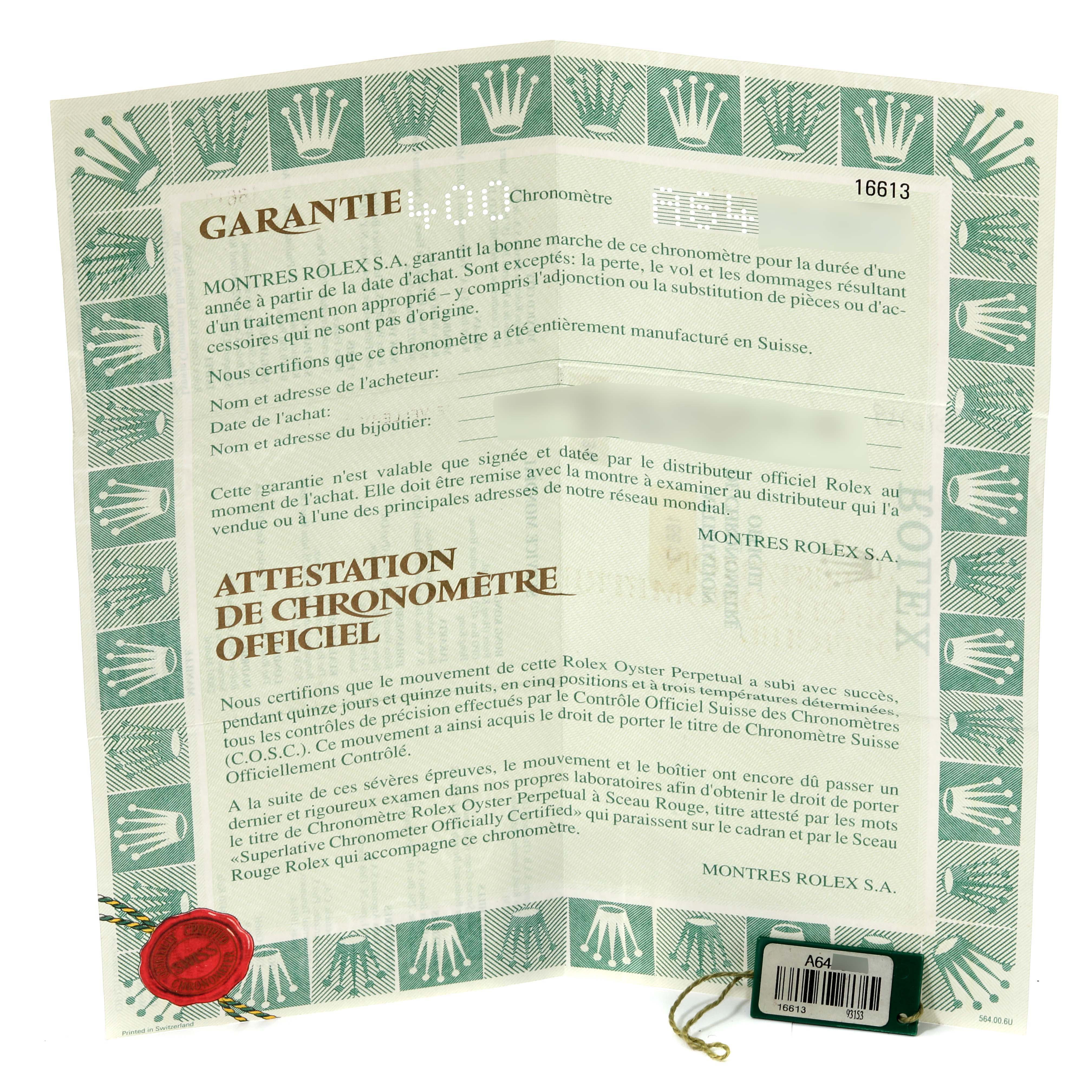 The image shows the official warranty and chronometer certificate for the Rolex Submariner 16613 Men's Steel and Gold (two tone) Blue Dial 16613 Men's Steel and Gold (two tone) Blue Dial model.