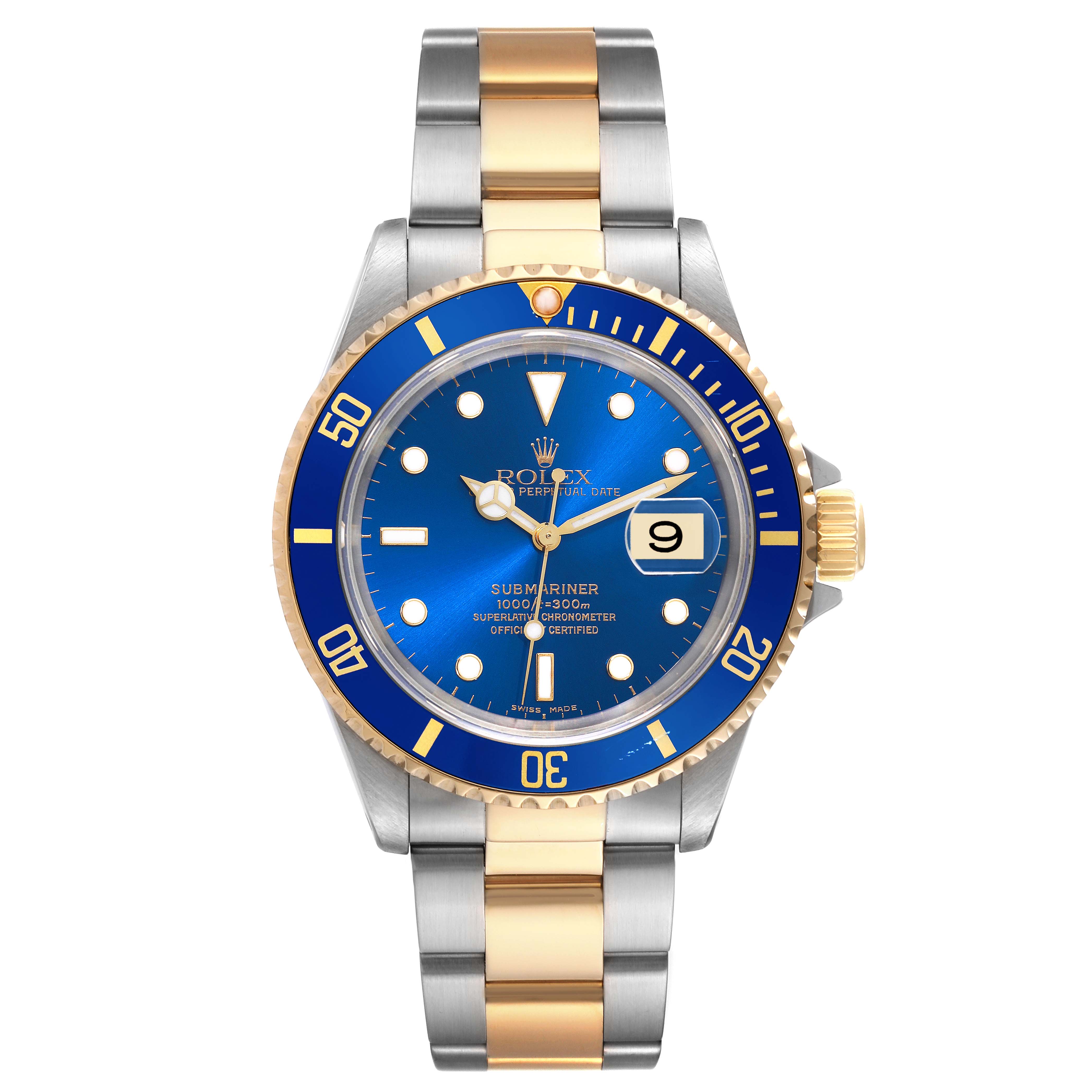 This is a front view of a Rolex Submariner 16613 Men's Steel and Gold (two tone) Blue Dial 16613 Men's Steel and Gold (two tone) Blue Dial watch, showcasing its blue dial, gold and silver bracelet, and date window.