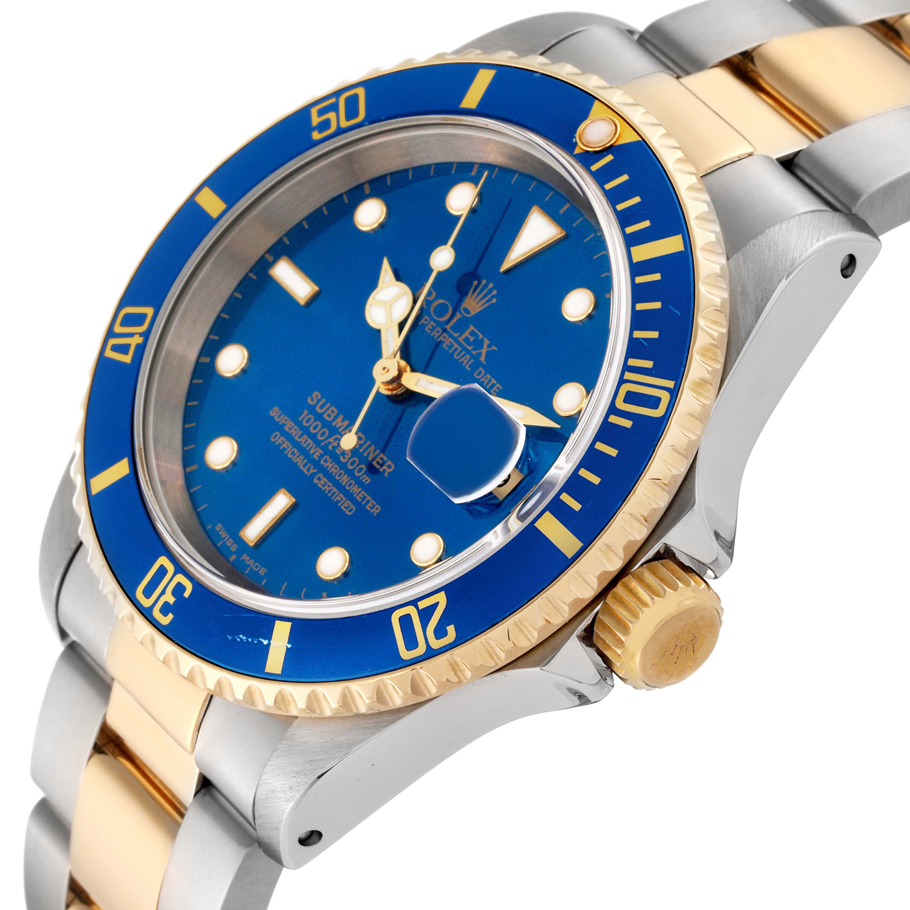 The Rolex Submariner 16613 Men's Steel and Gold (two tone) Blue Dial 16613 Men's Steel and Gold (two tone) Blue Dial watch is shown at an angle displaying the blue dial, bezel, crown, and part of the bracelet.