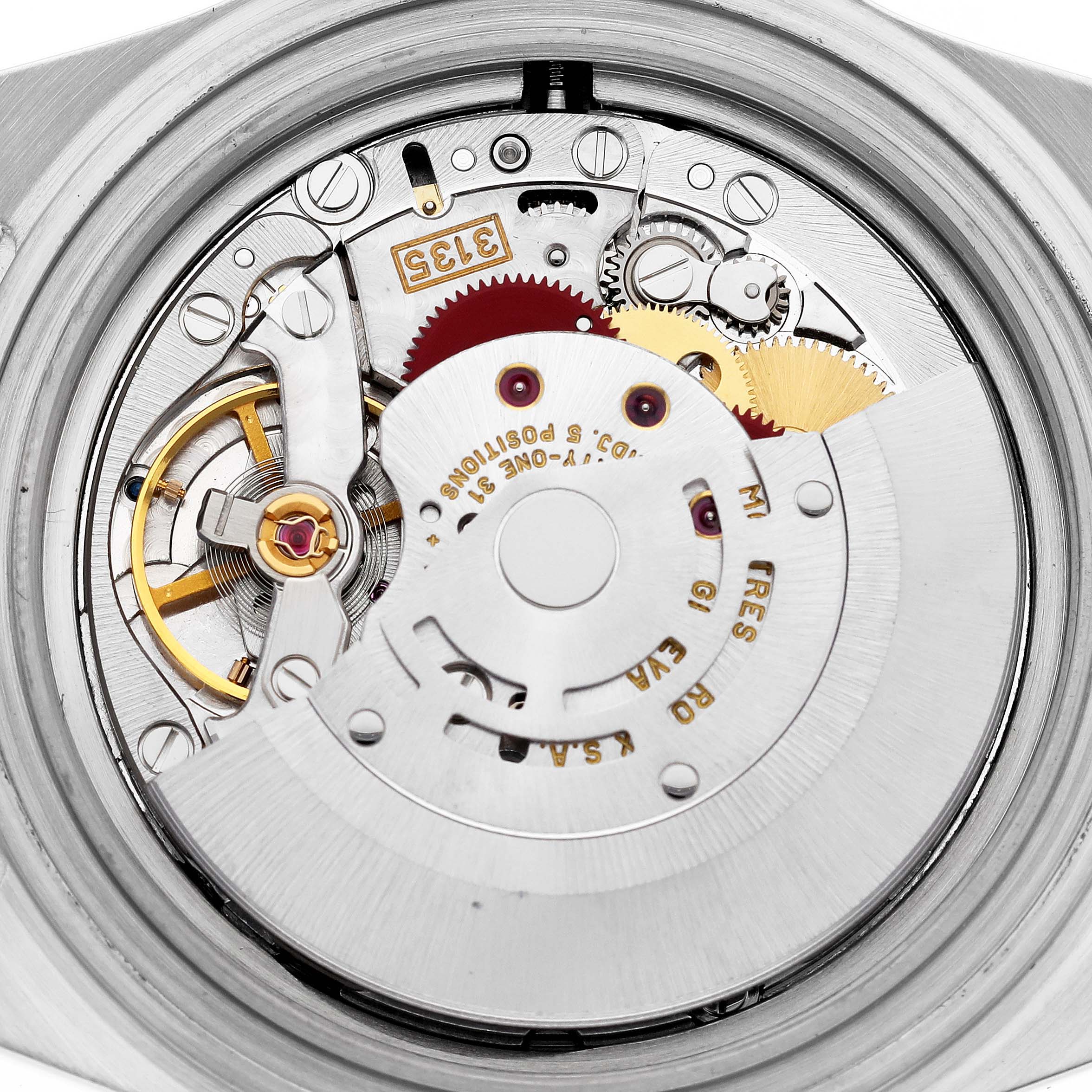 The image shows a close-up view of the internal mechanism of a Rolex Submariner 16613 Men's Steel and Gold (two tone) Blue Dial 16613 Men's Steel and Gold (two tone) Blue Dial watch.