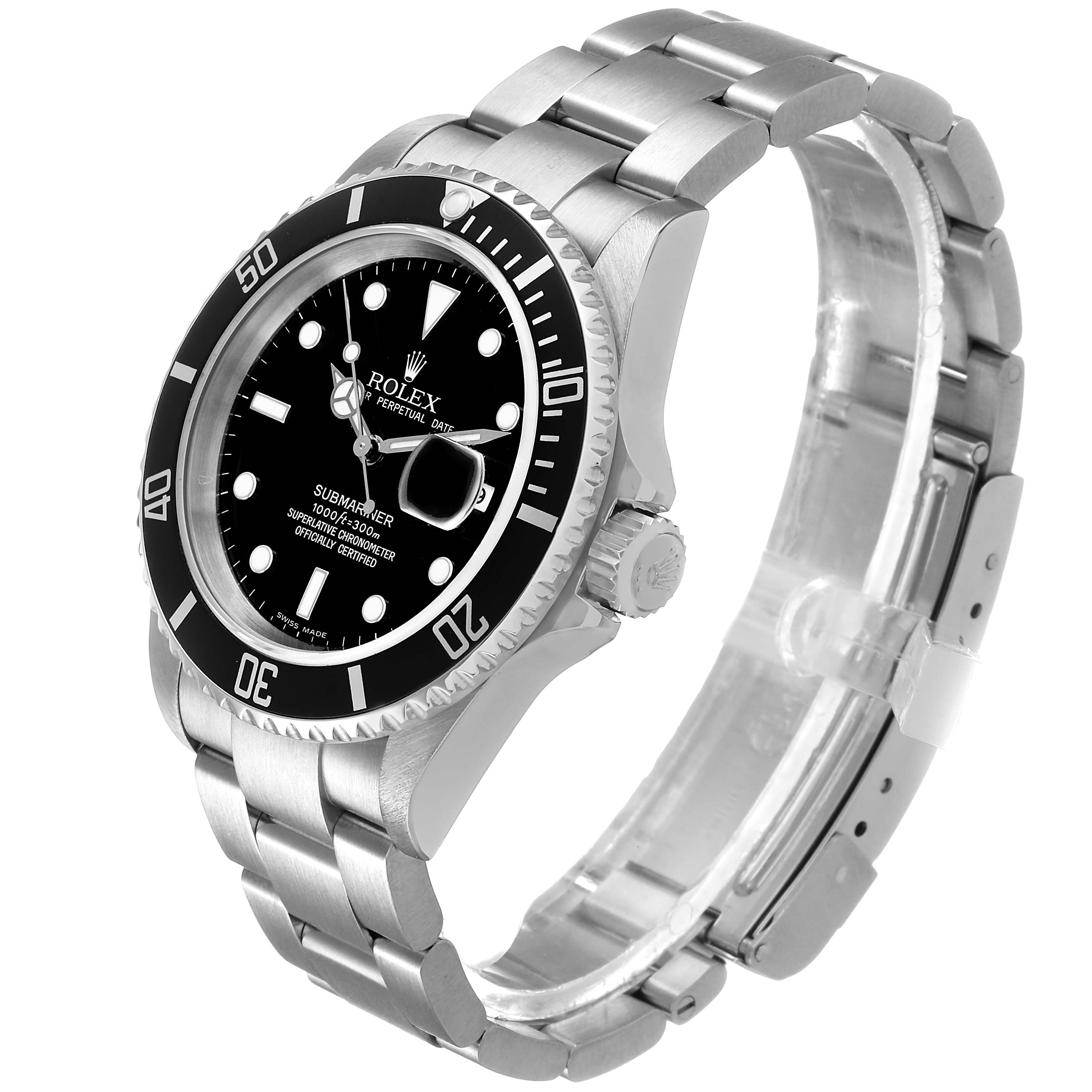 The Rolex Submariner 16610 T Men's Stainless Steel Black Dial watch is shown at a slight angle, displaying its face, bezel, bracelet, and crown.