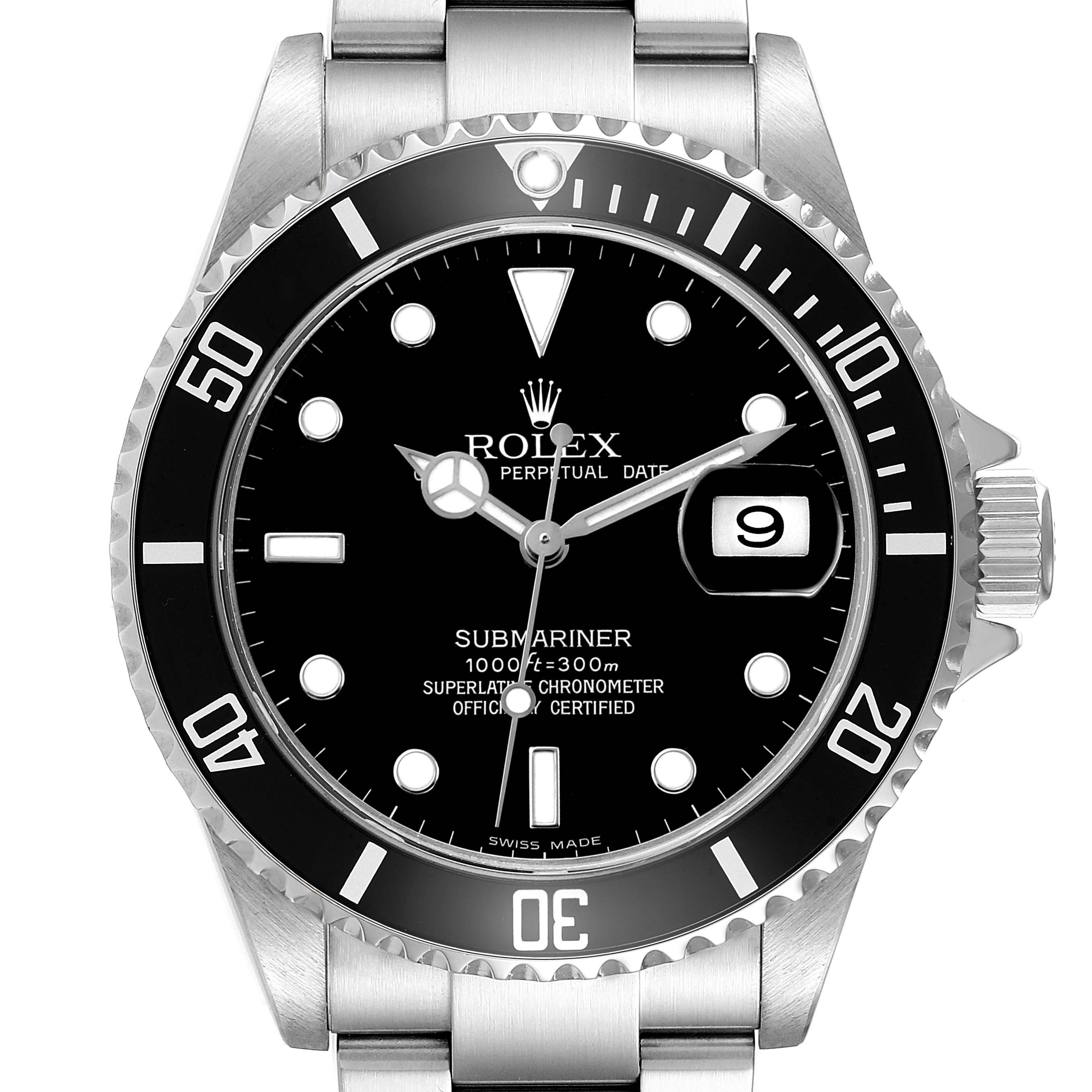 The Rolex Submariner 16610 T Men's Stainless Steel Black Dial watch is shown from a top view, featuring the face, bezel, hands, and crown.