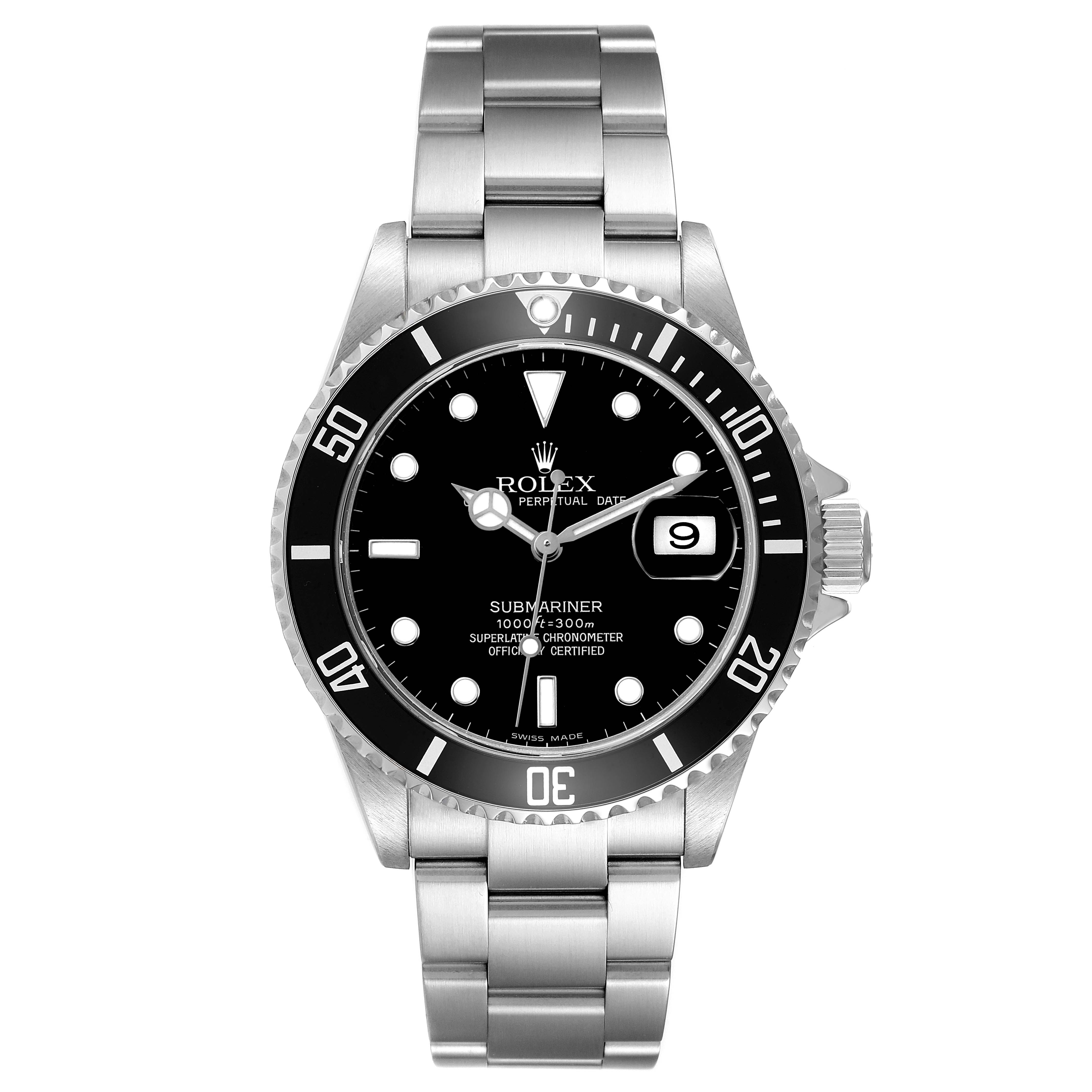 The image shows a frontal view of the Rolex Submariner 16610 T Men's Stainless Steel Black Dial, highlighting the dial, bezel, bracelet, and date window.
