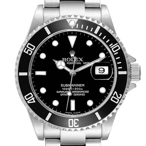 The Rolex Submariner 16610 T Men's Stainless Steel Black Dial watch is shown from a front angle, displaying the dial, bezel, and part of the bracelet.