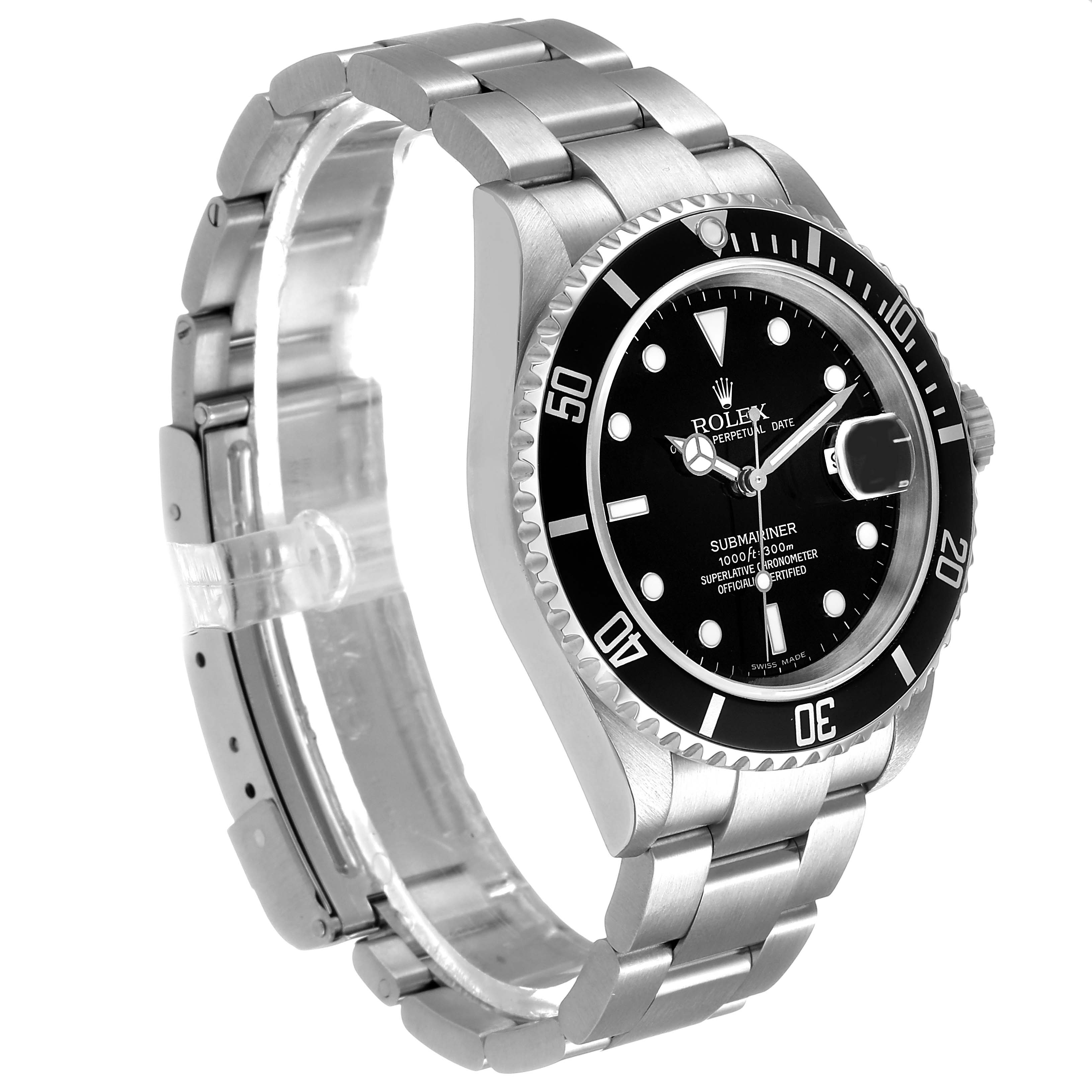 The image shows a Rolex Submariner 16610 T Men's Stainless Steel Black Dial watch at a slight angle, emphasizing the face, bezel, and stainless steel bracelet.