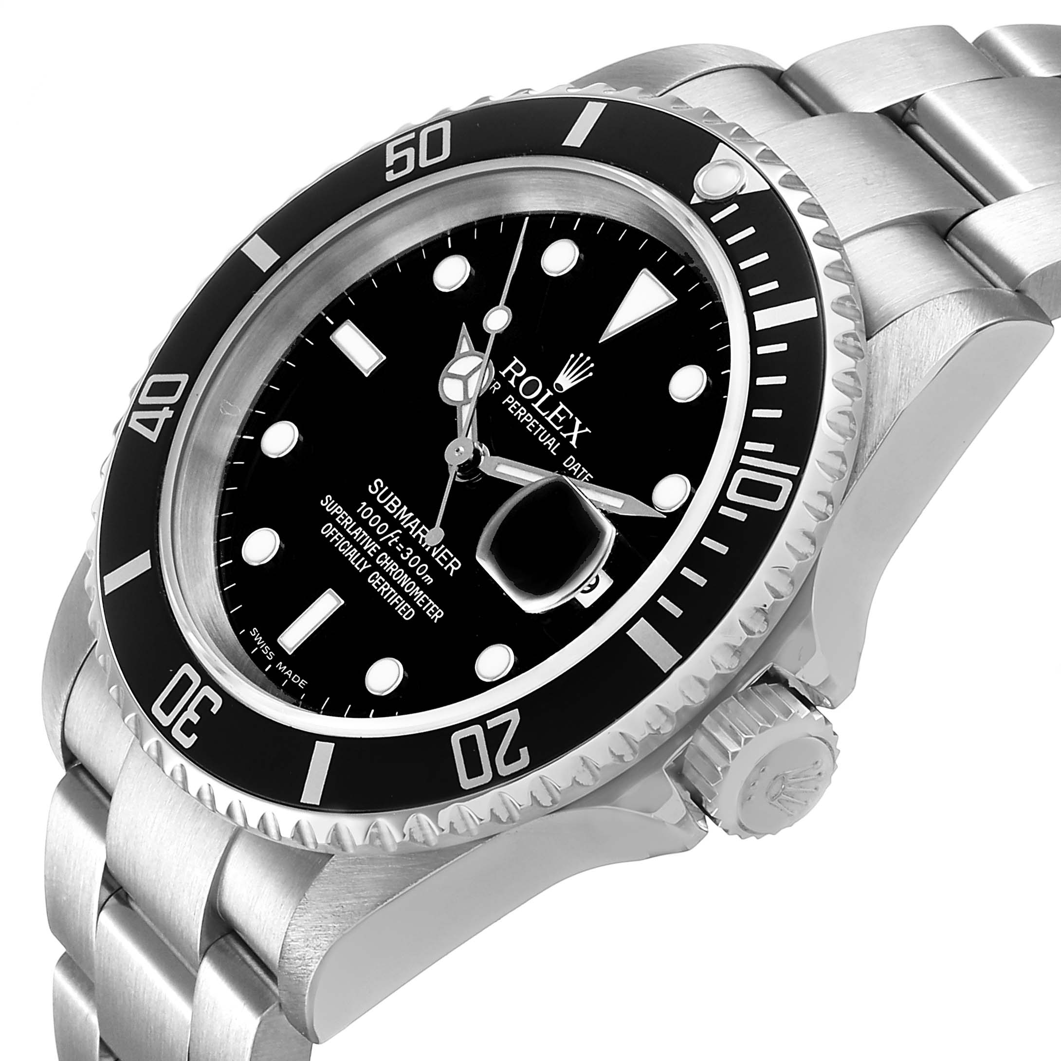 The Rolex Submariner 16610 T Men's Stainless Steel Black Dial is shown from a side angle, highlighting the dial, bezel, and stainless steel bracelet.