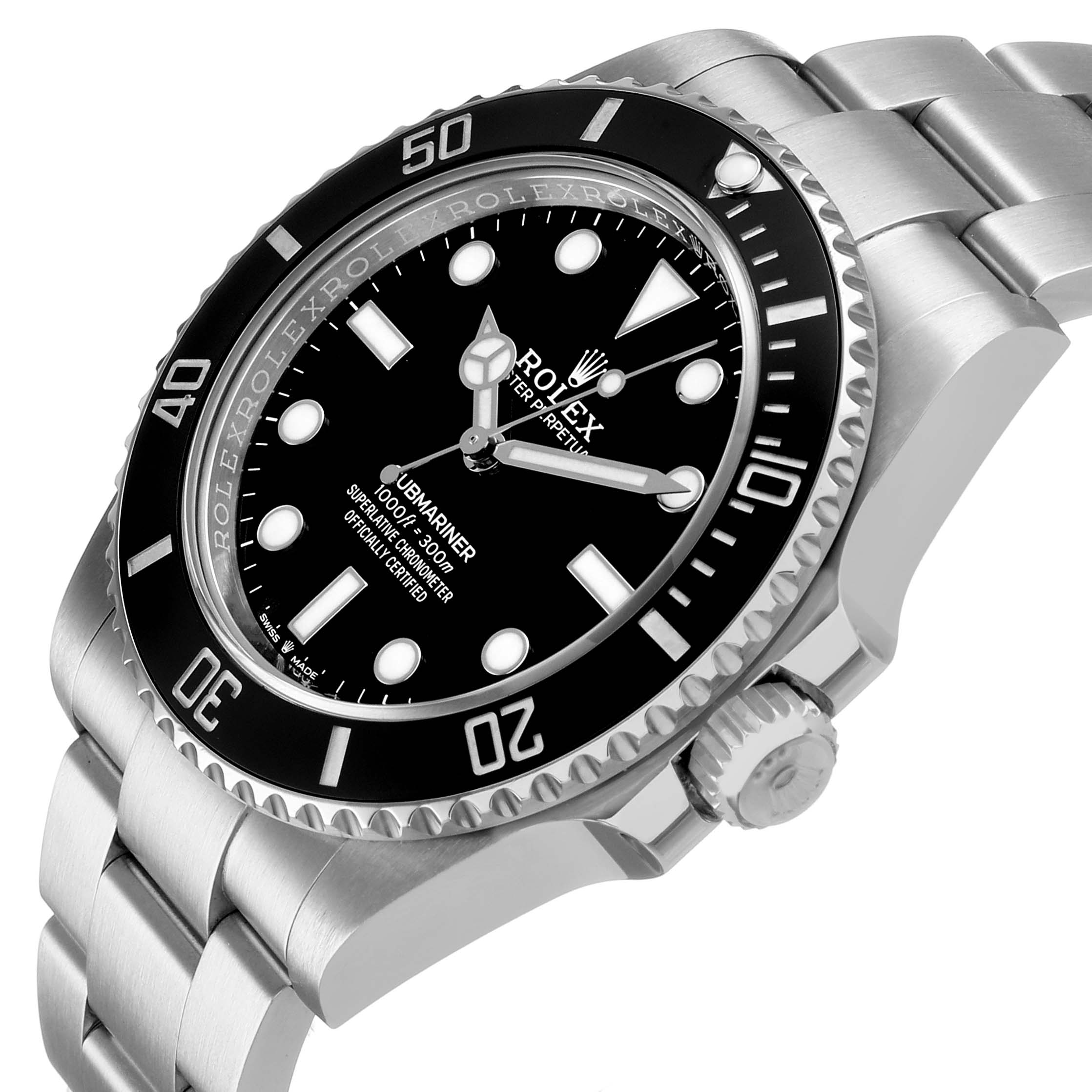The image shows a Rolex Submariner M124060-0001 Men's Stainless Steel Black Dial at an angled side view, highlighting the bezel, crown, and bracelet.