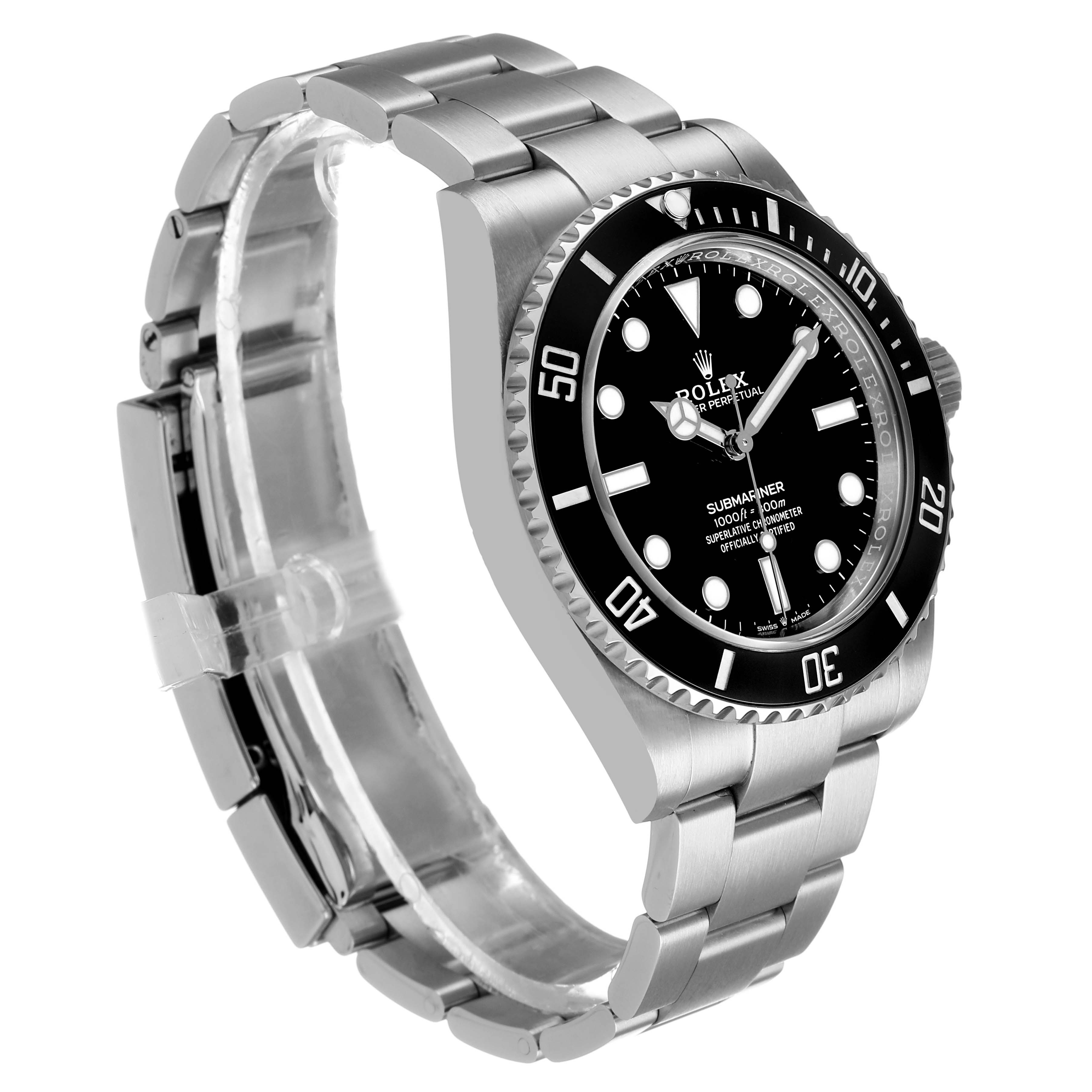 The Rolex Submariner M124060-0001 Men's Stainless Steel Black Dial watch is shown at a 3/4 angle, displaying the face, bezel, crown, and bracelet.