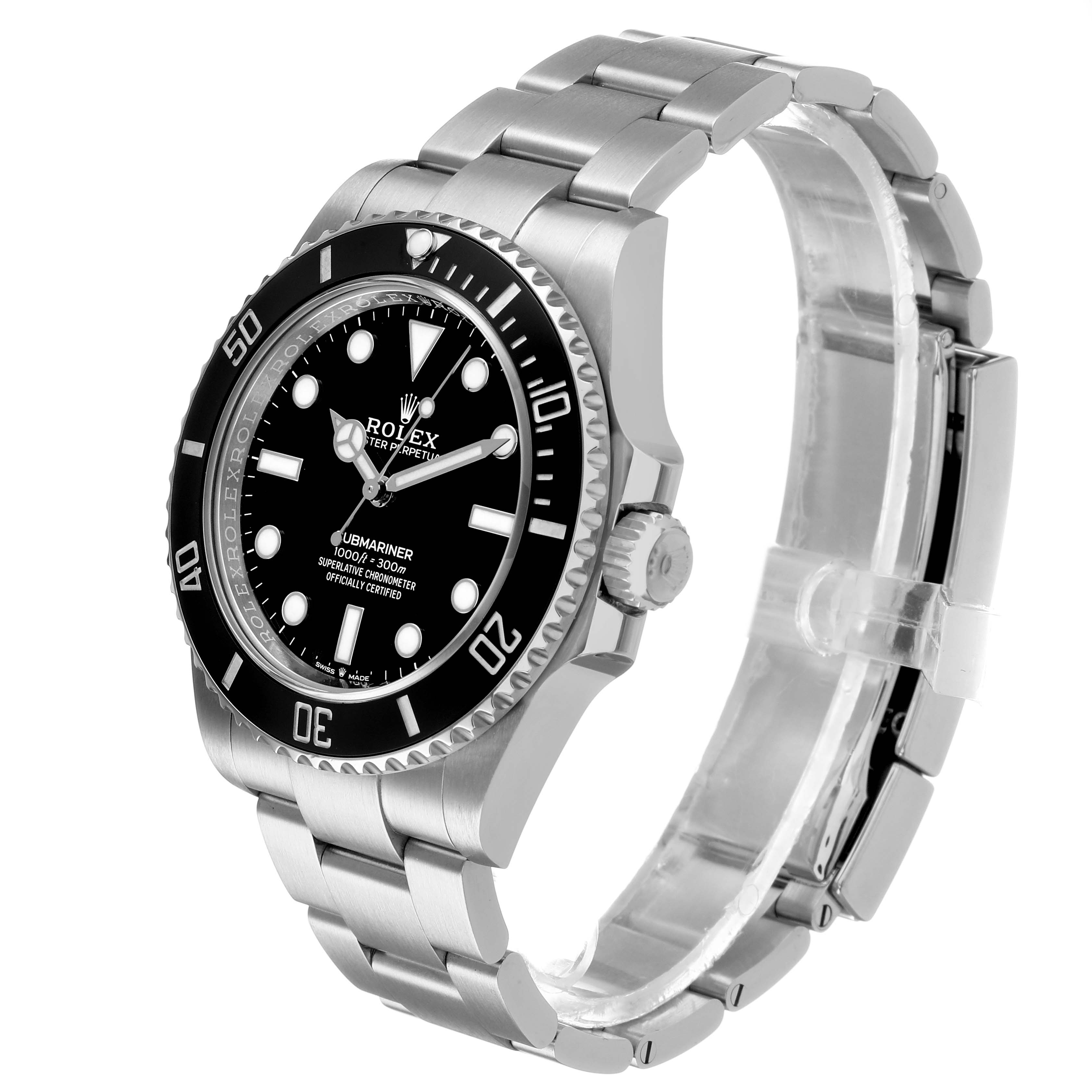 The Rolex Submariner M124060-0001 Men's Stainless Steel Black Dial watch is shown at a three-quarter angle, highlighting the face, bezel, crown, and bracelet.