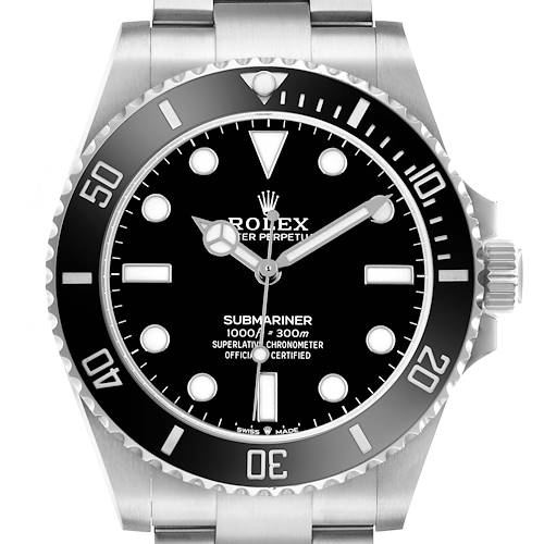 The Rolex Submariner M124060-0001 Men's Stainless Steel Black Dial watch is shown from the front, highlighting its bezel, dial, and crown.