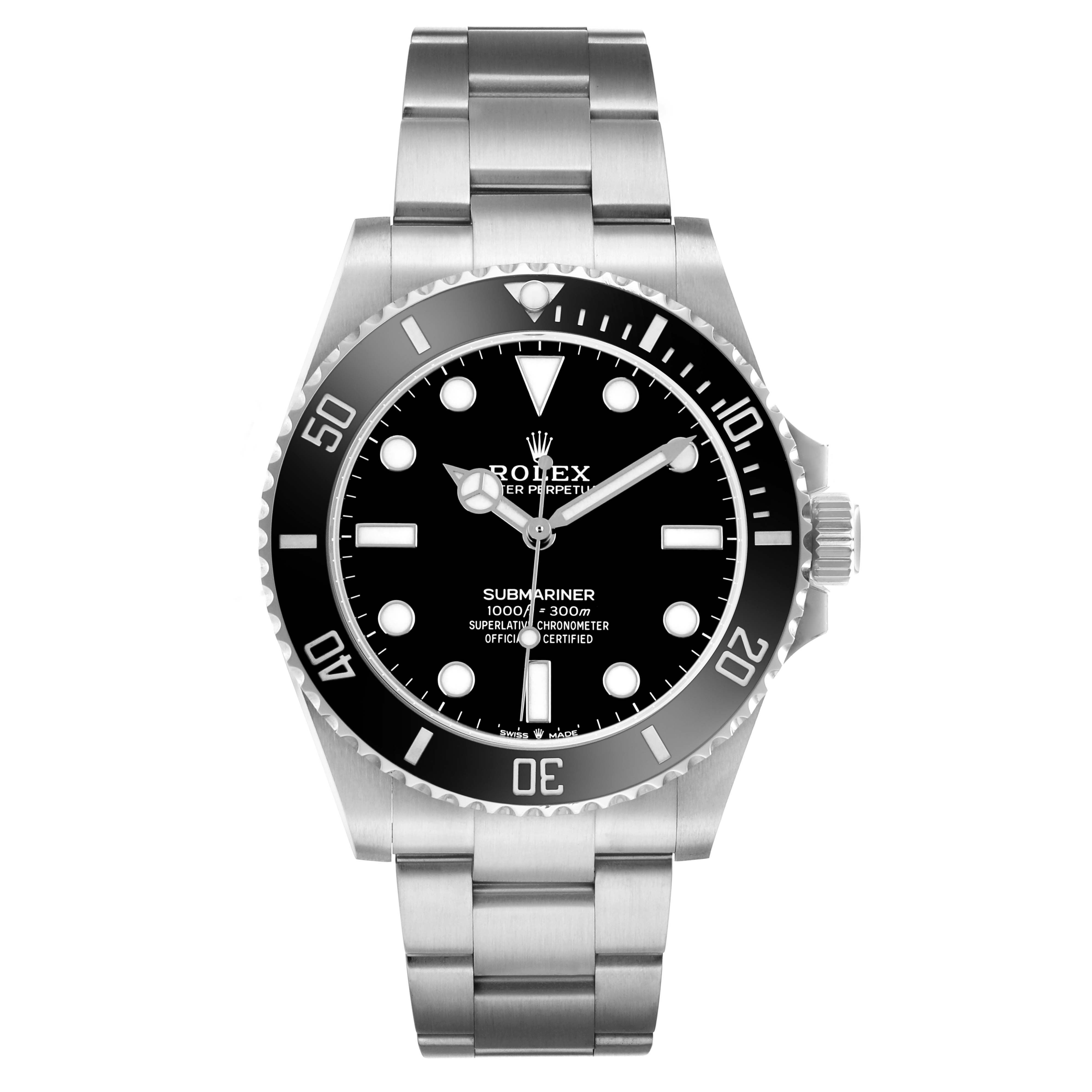 The Rolex Submariner M124060-0001 Men's Stainless Steel Black Dial watch is shown from a front view, featuring its dial, bezel, case, and bracelet.