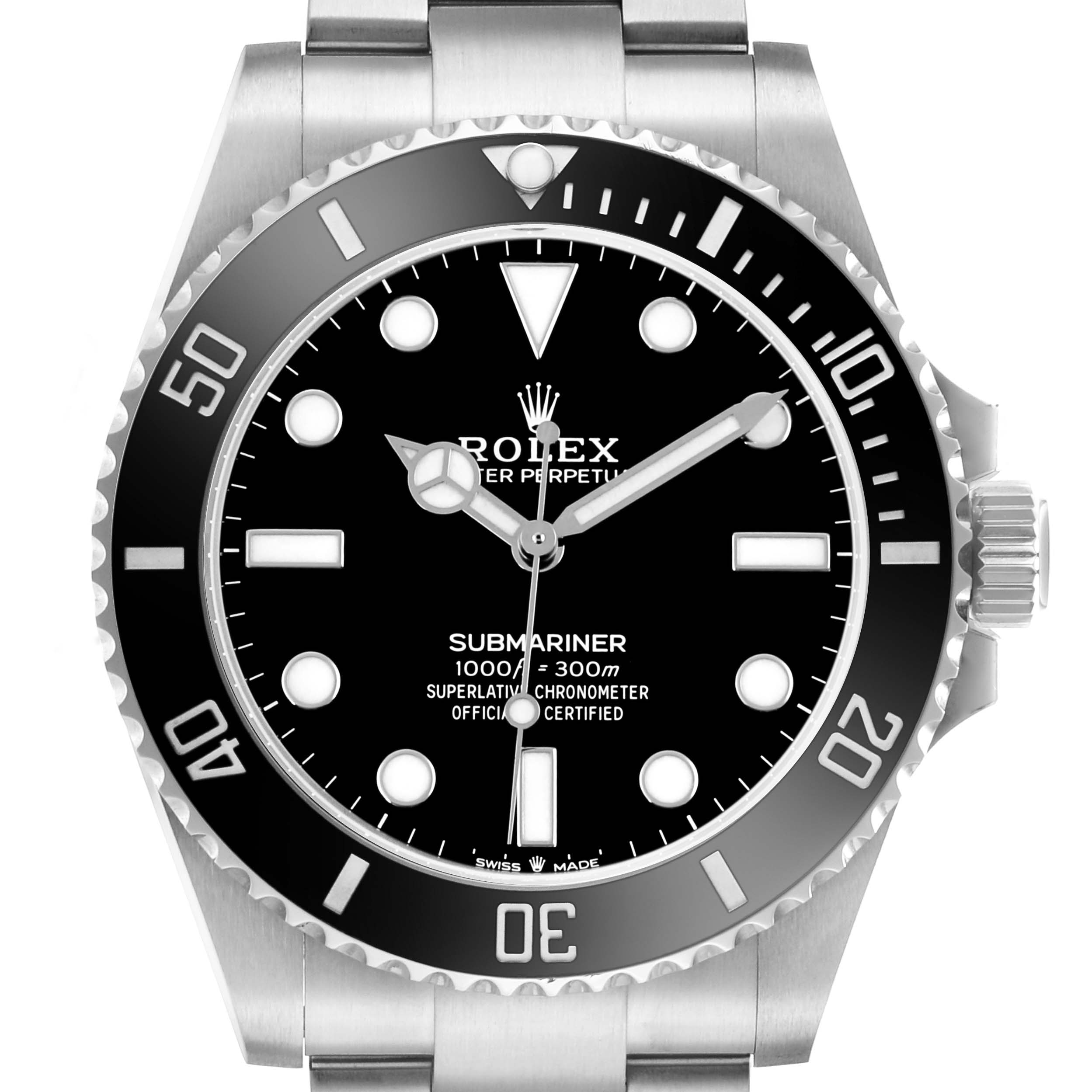 The Rolex Submariner M124060-0001 Men's Stainless Steel Black Dial watch is shown from a front angle, displaying its bezel, dial, and bracelet.