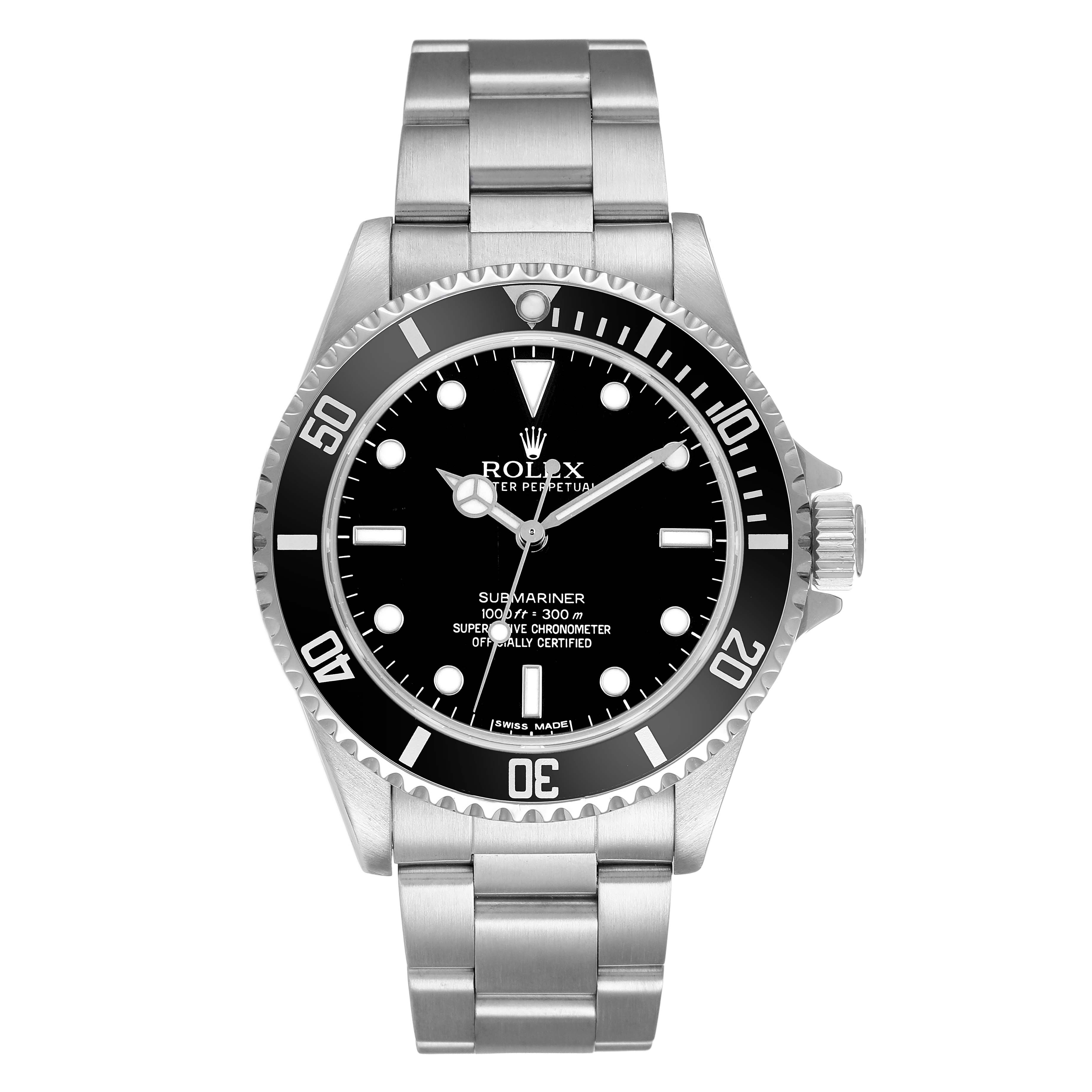 The Rolex Submariner 14060M Men's Stainless Steel Black Dial watch is shown from a top-down angle, displaying its black dial, bezel, and metal bracelet.