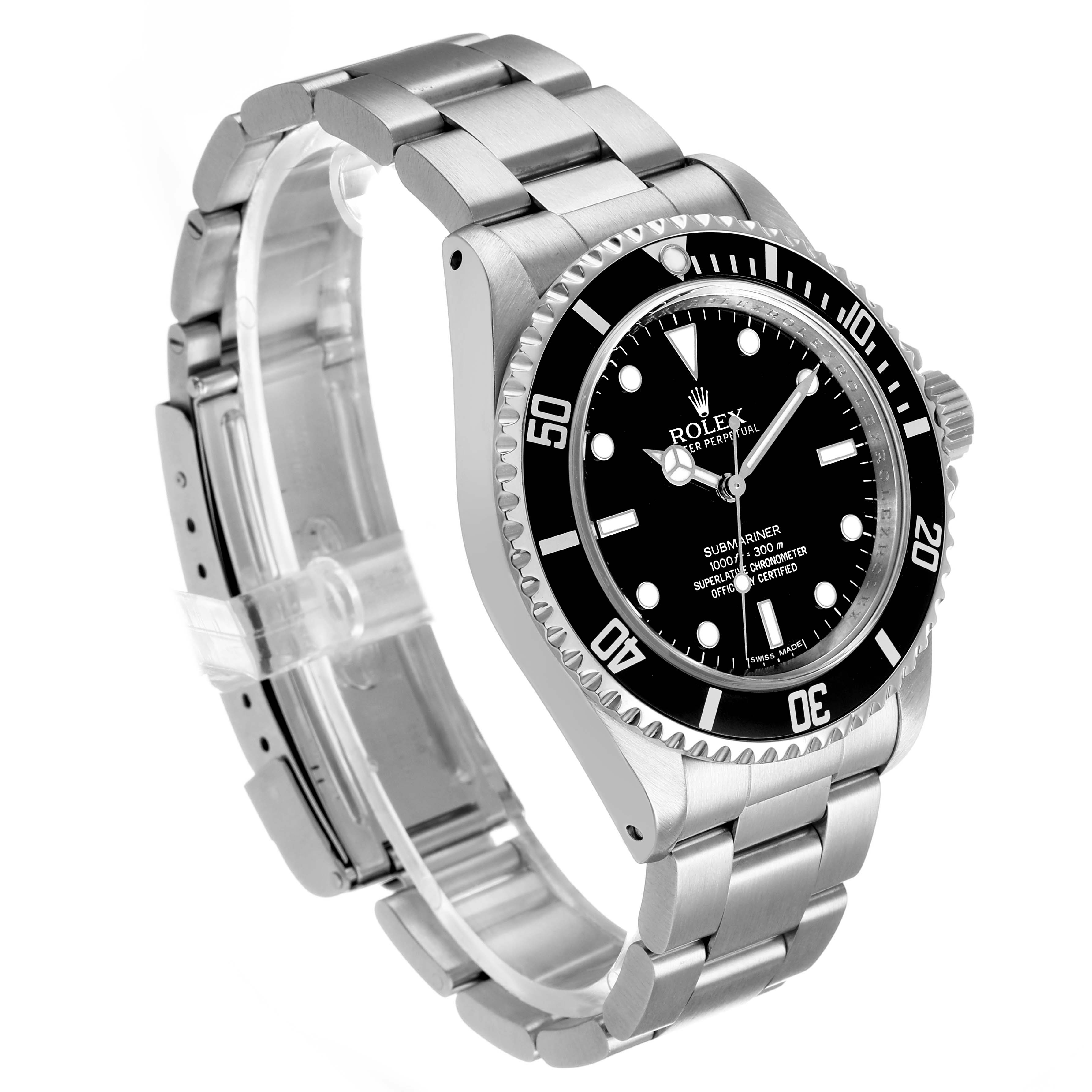 The Rolex Submariner 14060M Men's Stainless Steel Black Dial watch is shown at a three-quarter angle, displaying the face, bezel, case, and bracelet.