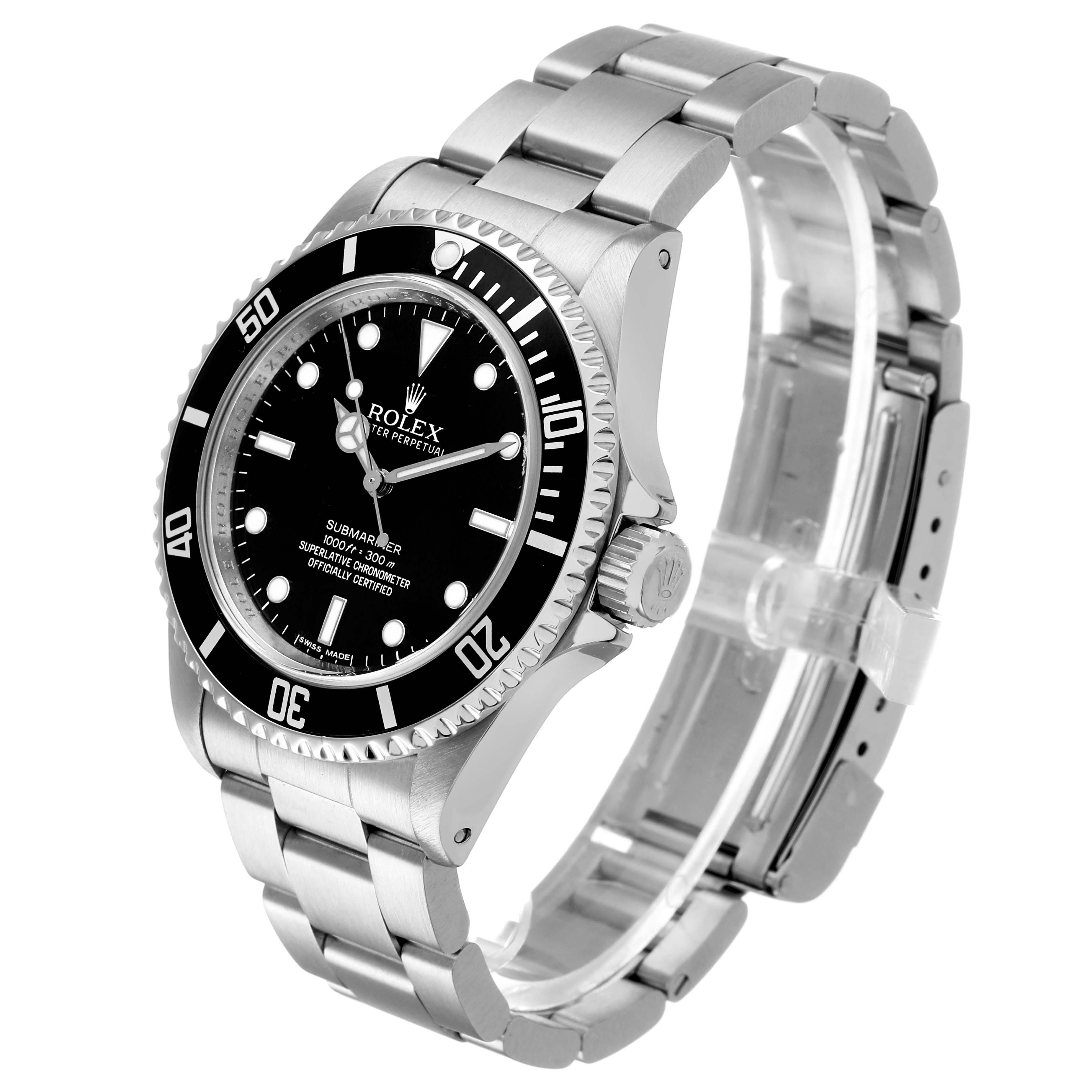The Rolex Submariner 14060M Men's Stainless Steel Black Dial is shown at an oblique angle, displaying the face, bezel, crown, and stainless steel bracelet.