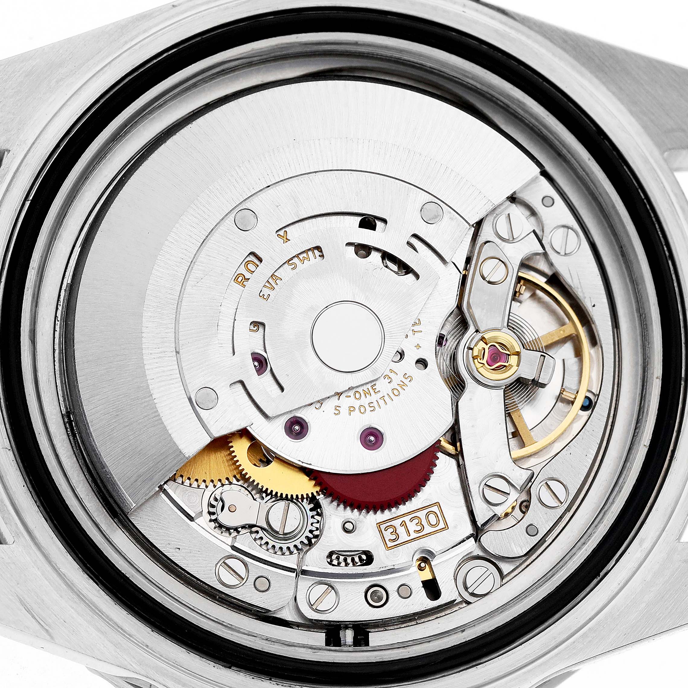This image shows the intricate movement mechanism of a Rolex Submariner 14060M Men's Stainless Steel Black Dial, featuring gears, springs, and the 3130 caliber.