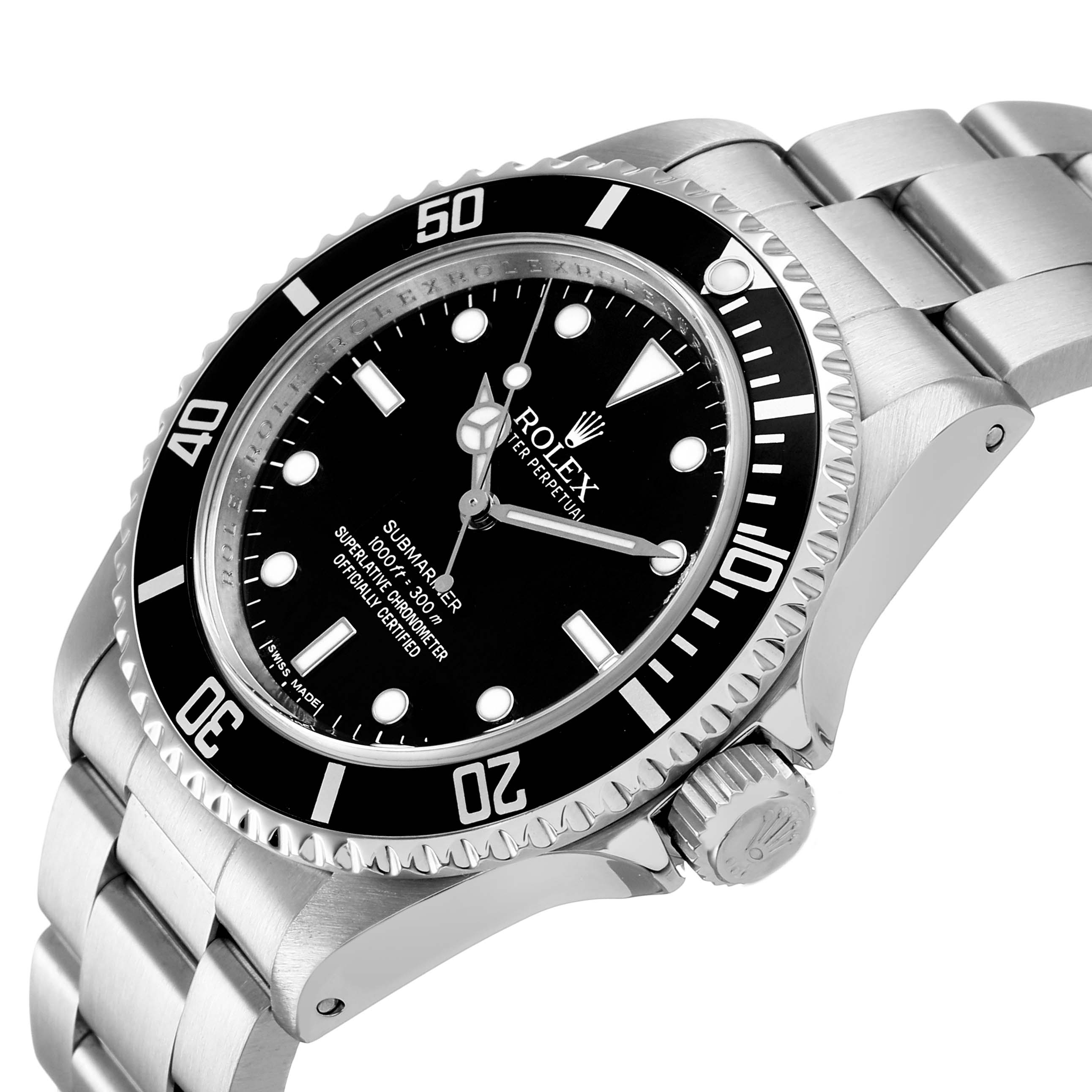 The image shows a Rolex Submariner 14060M Men's Stainless Steel Black Dial watch at a side angle, featuring the crown, bezel, dial, and parts of the bracelet.