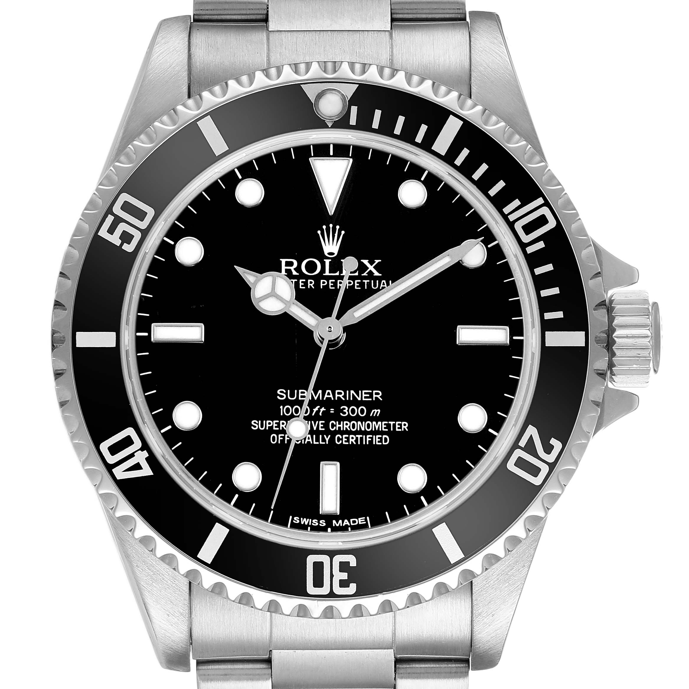 The image shows a front view of the Rolex Submariner 14060M Men's Stainless Steel Black Dial, displaying the dial, bezel, crown, and part of the bracelet.
