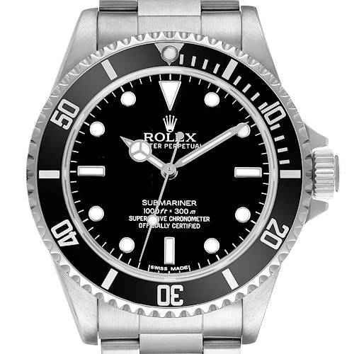 The Rolex Submariner 14060M Men's Stainless Steel Black Dial watch is shown from the front, displaying the dial, bezel, crown, and part of the bracelet.