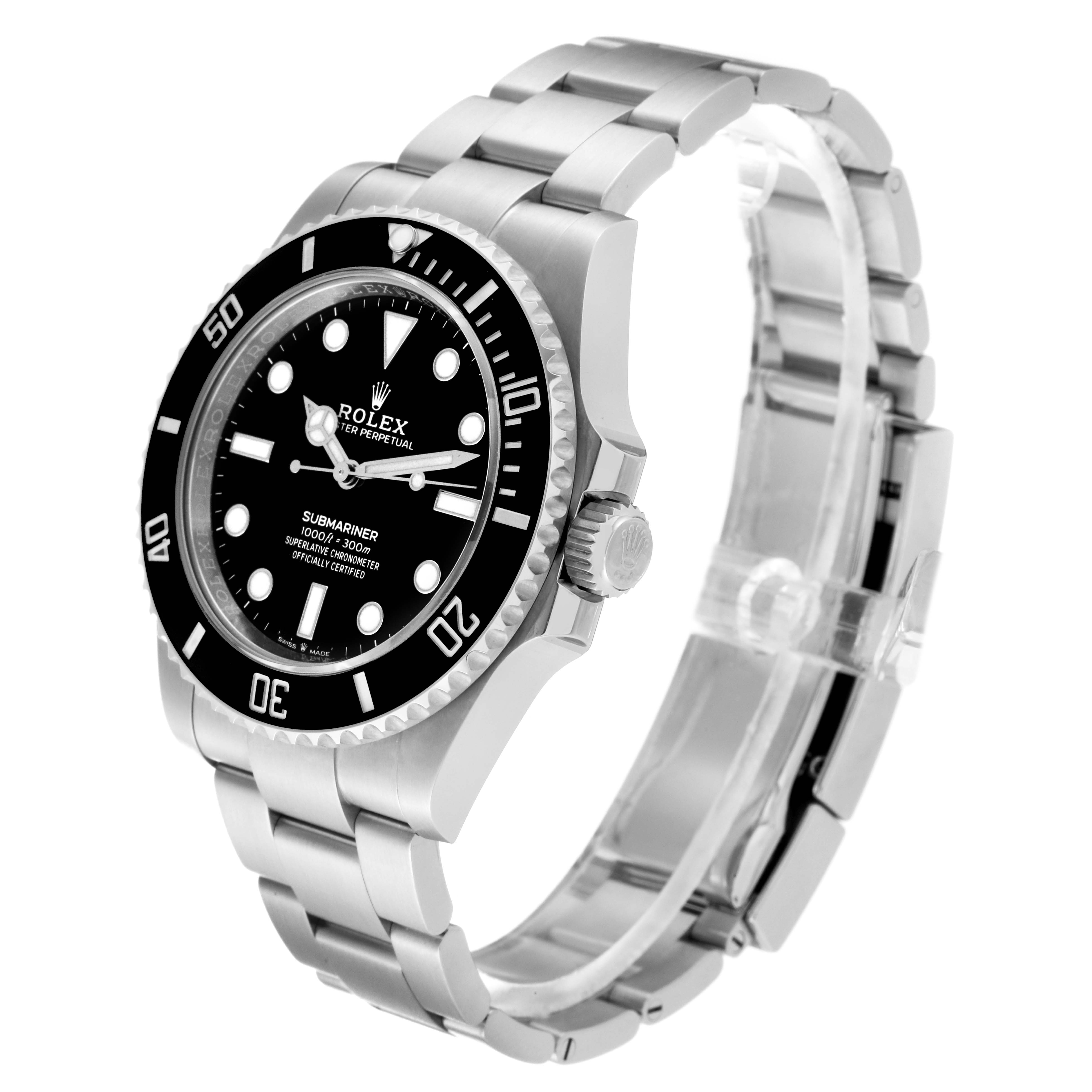 This image shows a side-angle view of the Rolex Submariner 124060 Men
s Stainless Steel Black Dial 124060 Men
s Stainless Steel Black Dial watch, highlighting the black dial, stainless steel case, and bracelet.