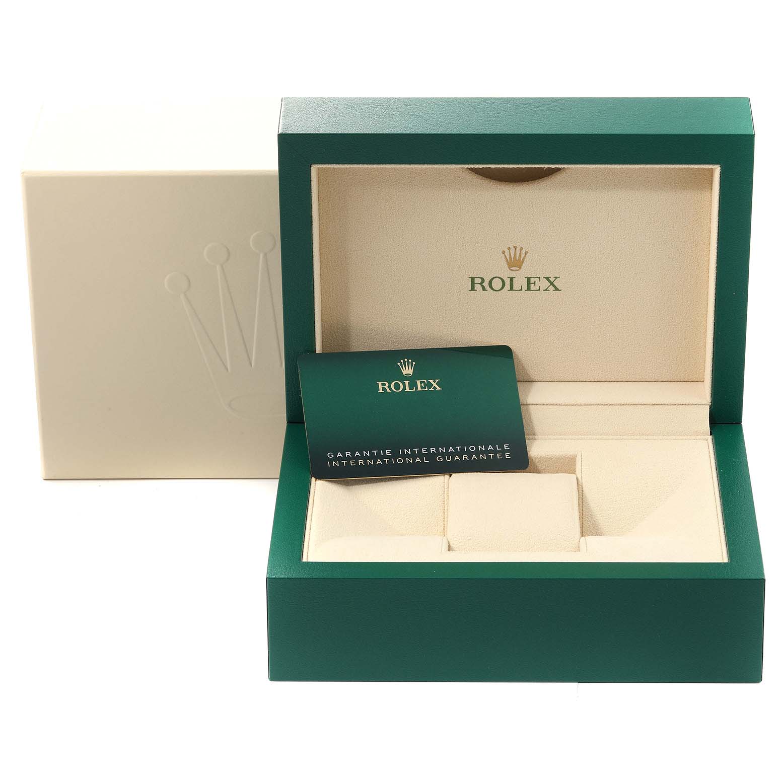 This image shows an open Rolex Submariner 124060 Men
s Stainless Steel Black Dial 124060 Men
s Stainless Steel Black Dial watch box with the international guarantee card inside.